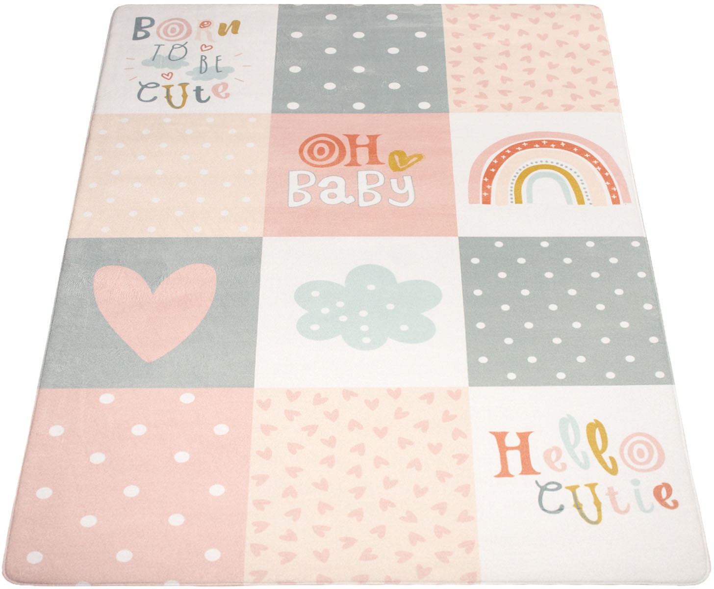 Image of Paco Home Kinderteppich »Chicos 554«, rechteckig, 2 mm Höhe, Flachgewebe, Patchwork Design, mit Schriftzug & Regenbogen oder Sternen, Pastell-Farben, Kinderzimmer bei Ackermann Versand Schweiz