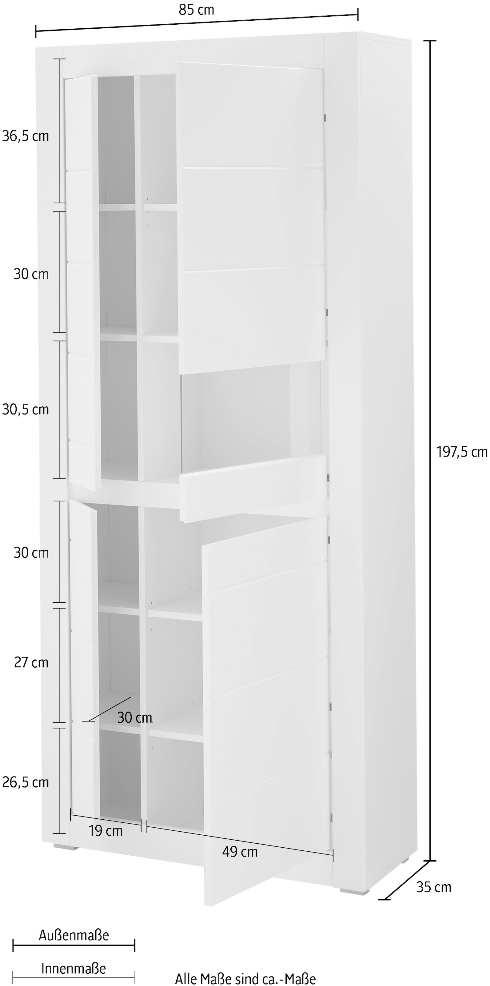 INOSIGN Vitrine »Chester, Hochschrank mit Stauraum, Glasvitrine, Anrichte, Weiss Matt«, (1 St.), austauschbare Blende in der Griffleiste, zeitloses Design, 85 cm breit