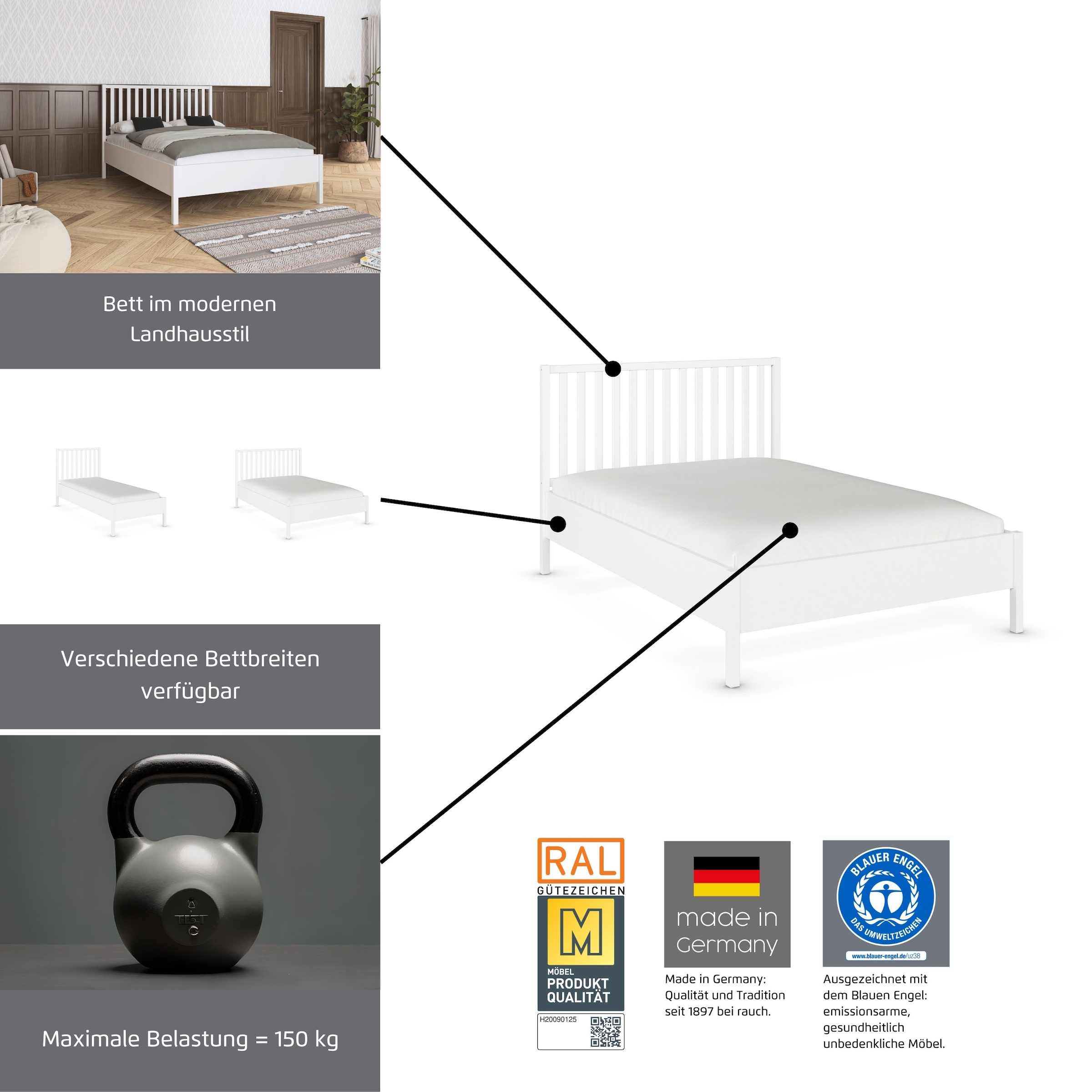 GOODproduct Bettgestell »Schlafzimmermöbel Möbel Landhaus Einzelbett Doppelbett Stauraum YLVA« Breite 90x200 cm oder 140x200 cm,  mit Sprossenkopfteil im Landhausstil MADE IN GERMANY