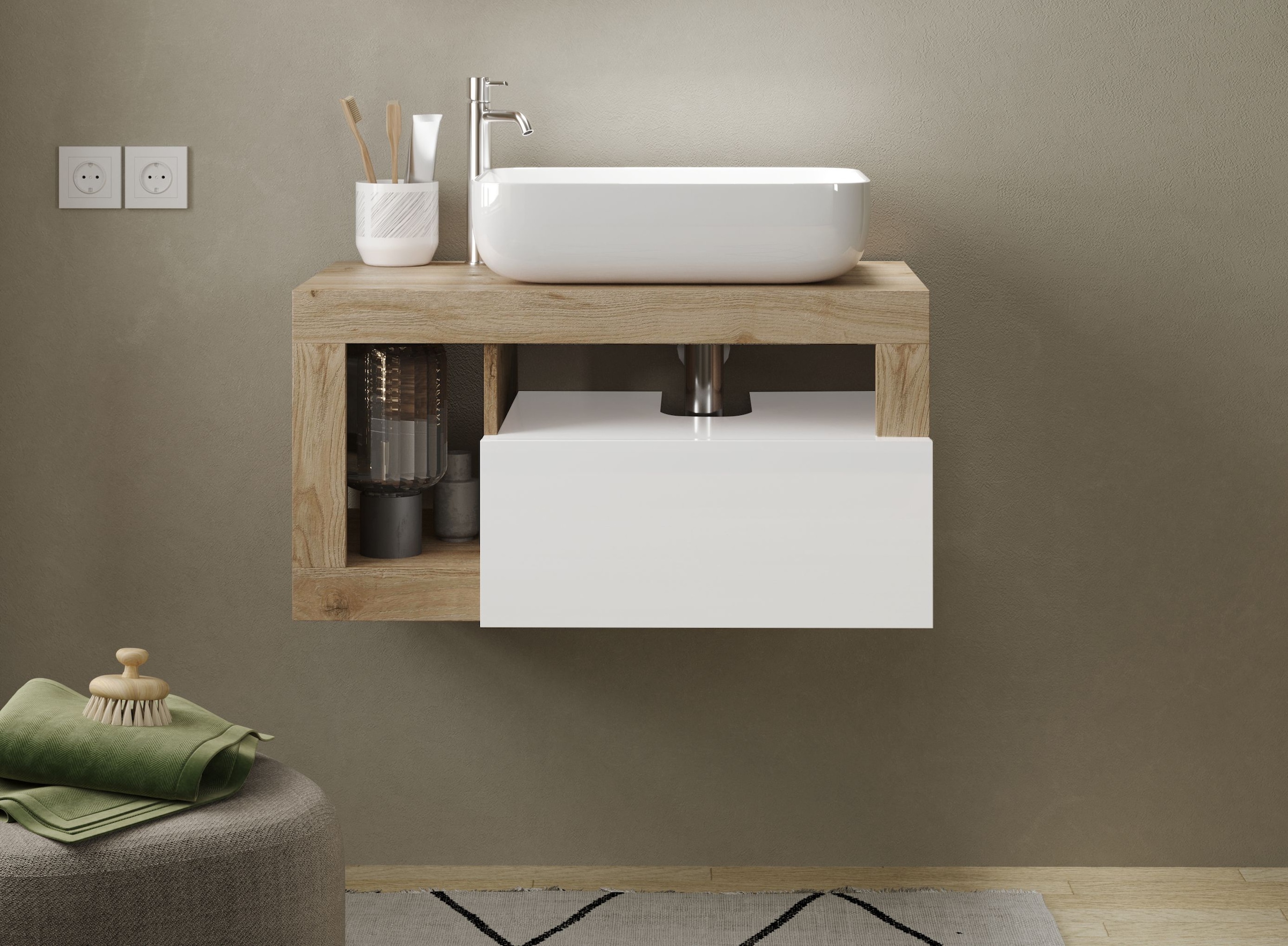 welltime Table de lavage »Hamburg« 1 Schubkasten, Breite 79 cm, Soft-Close, inkl. Keramik-Aufsatzbecken