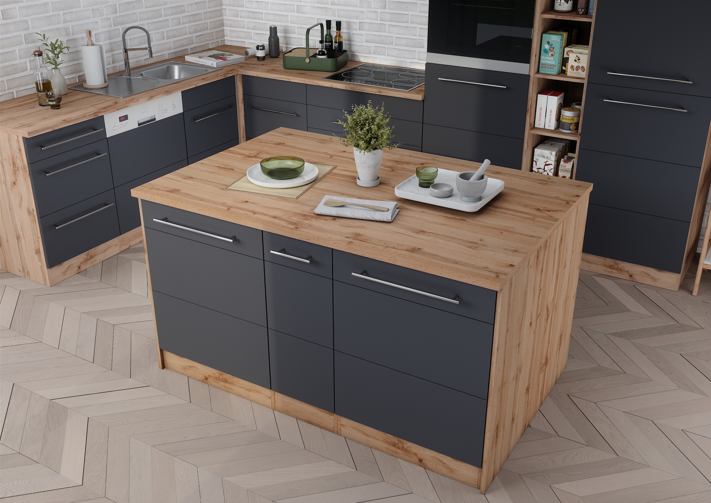 KOCHSTATION Kücheninsel »KS-Wien« Breite 153 cm, MDF-Fronten, Flaschenregal