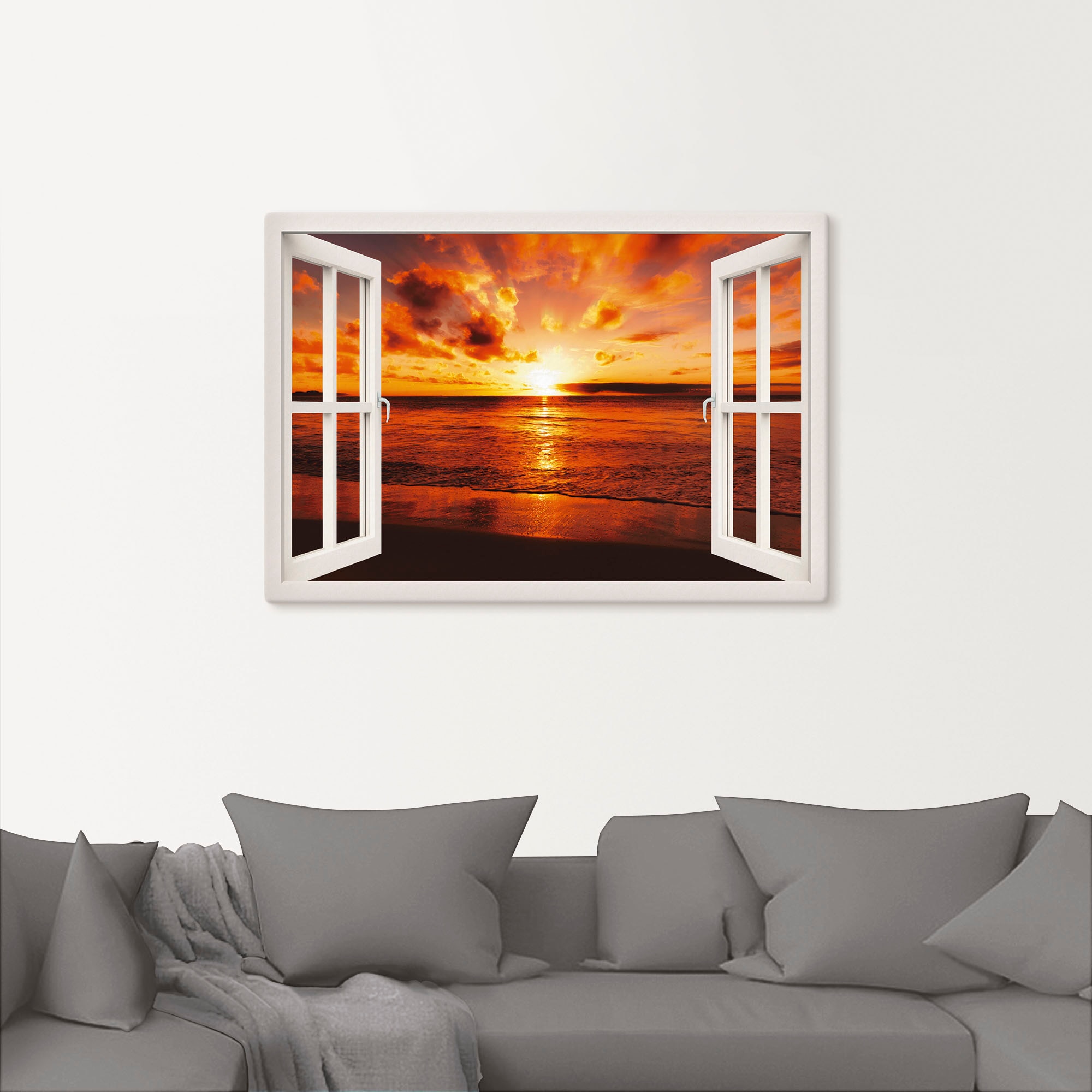 Poster am günstig Wandaufkleber Leinwandbild, (1 St.), versch. oder Sonnenuntergang Wandbild in Artland Fensterblick, Grössen kaufen »Fensterblick als Strand«,