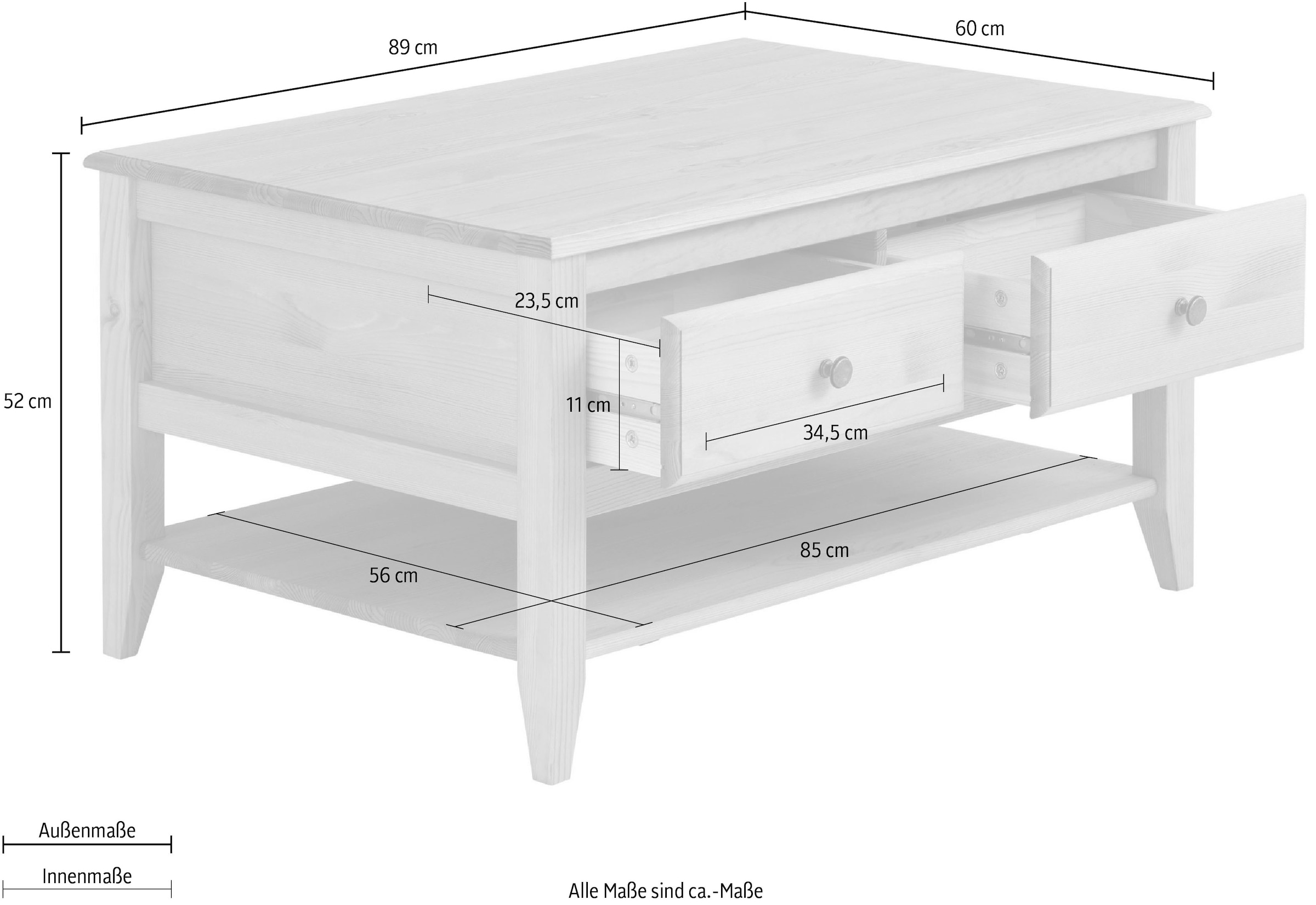 GOODproduct Couchtisch »Leonis« Breite 89 cm, mit Schubladen und Ablageboden, massiver Kiefer,  FSC®