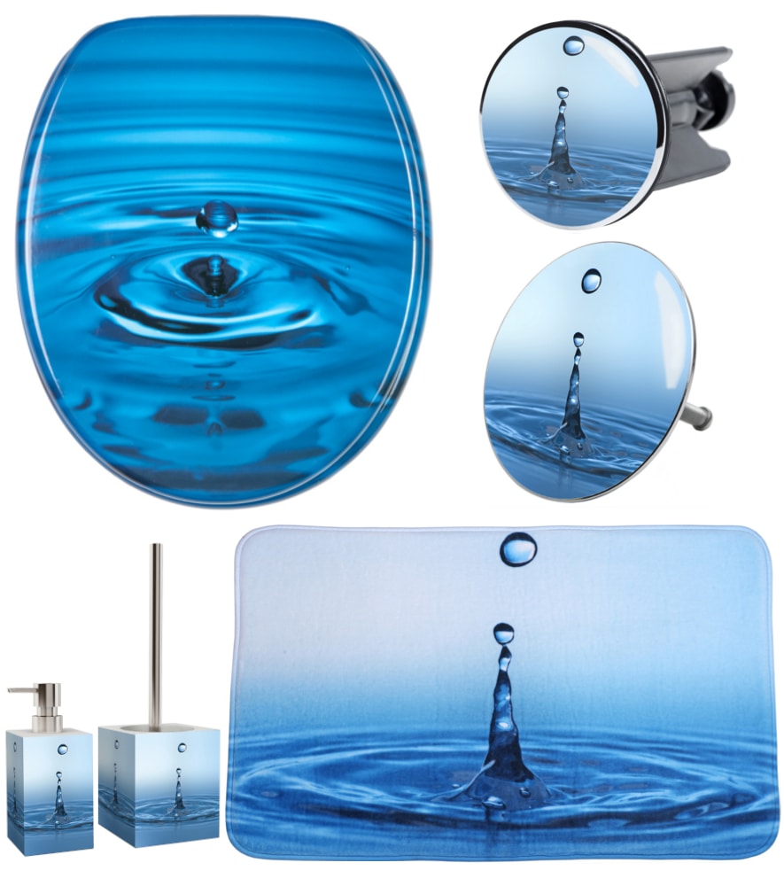 Image of Sanilo Badaccessoire-Set "Wassertropfen" bestehend aus WC-Sitz, Badteppich, Stöpsel, Seifenspender, WC-Bürste