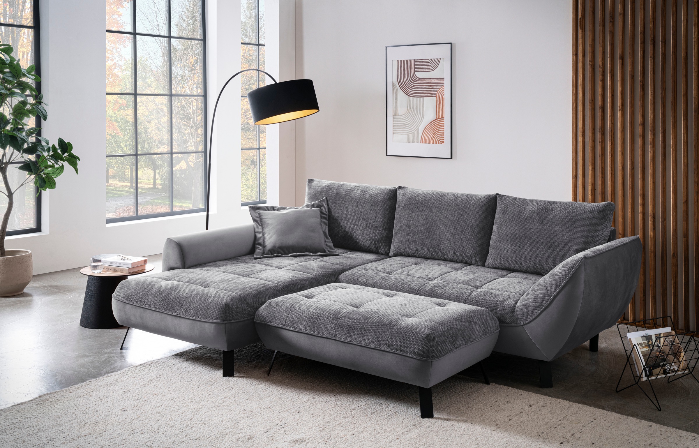exxpo - sofa fashion Ecksofa »Bellinii, Materialmix, Strukturbezug und pflegeleichter Microvelours«, bequem und modern, Materialmix, L-Form
