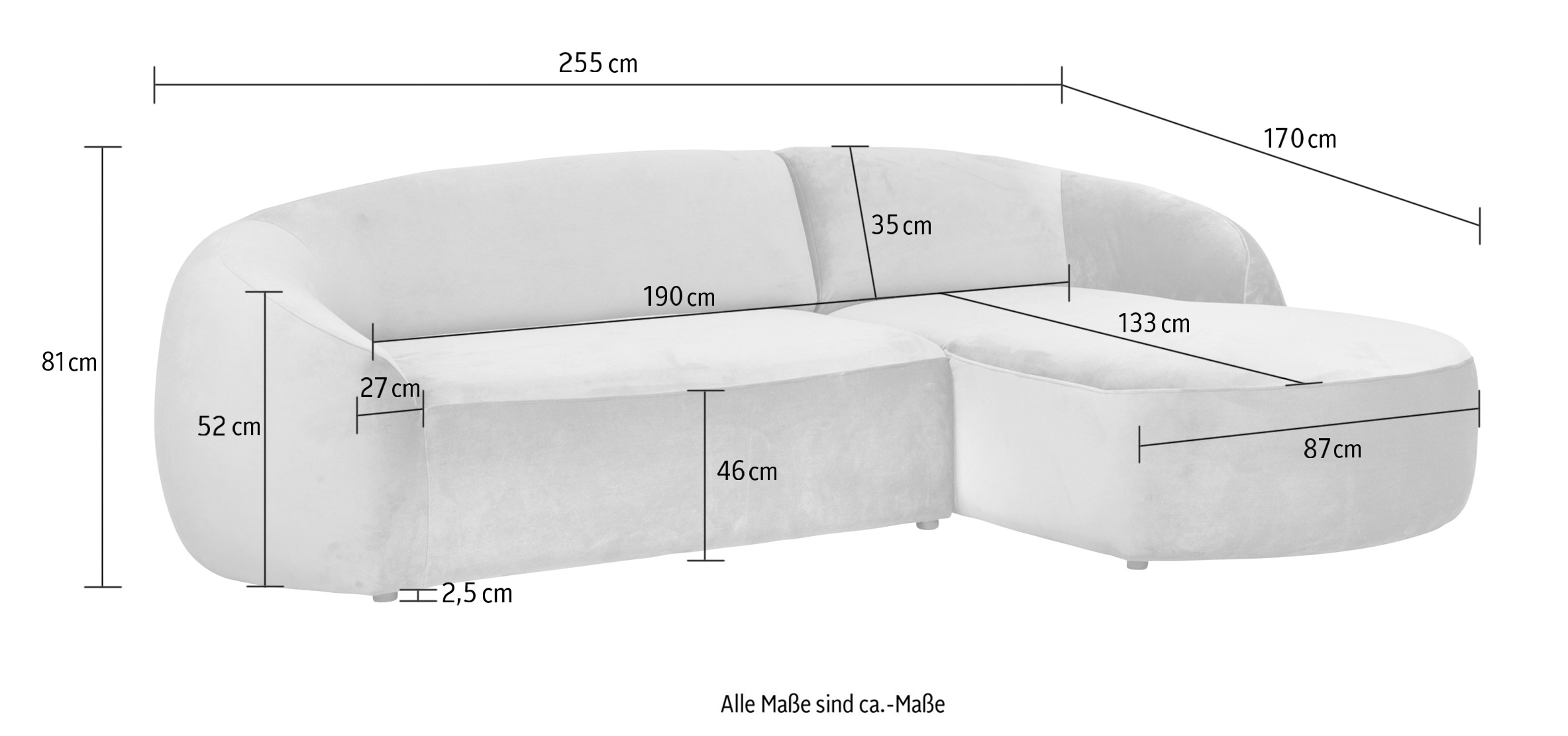 LeGer Home by Lena Gercke Ecksofa »YANI, L-Form, Designersofa, organische Form, Masse B/T/H: 255/170/81 cm«, mit Wellenunterfederung, auch in Bouclé, Recamiere rechts/links