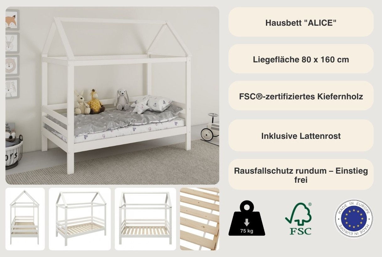 GOODproduct Lit de maison »Alice, Bett, Made in Europe, FSC® zertifiziertes Massivholz« zertifiziertes Massivholz, inklusive Lattenrost