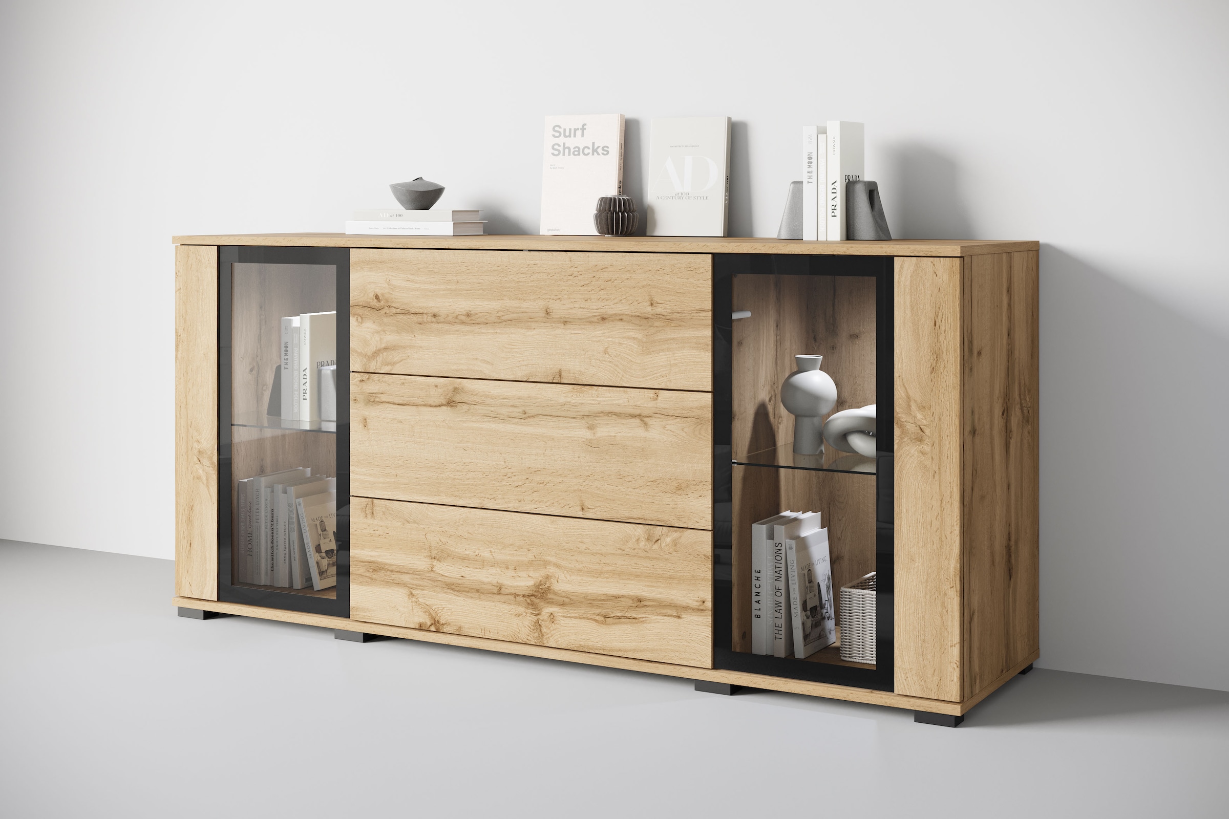 Home affaire Sideboard »modernes Design mit Glaseinsätzen und 3 Schubladen, Breite 150 cm« 1 Stk. tlg. Grifflose Fronten mit Push-to-Open, höhenverstellbare Einlegeböden,