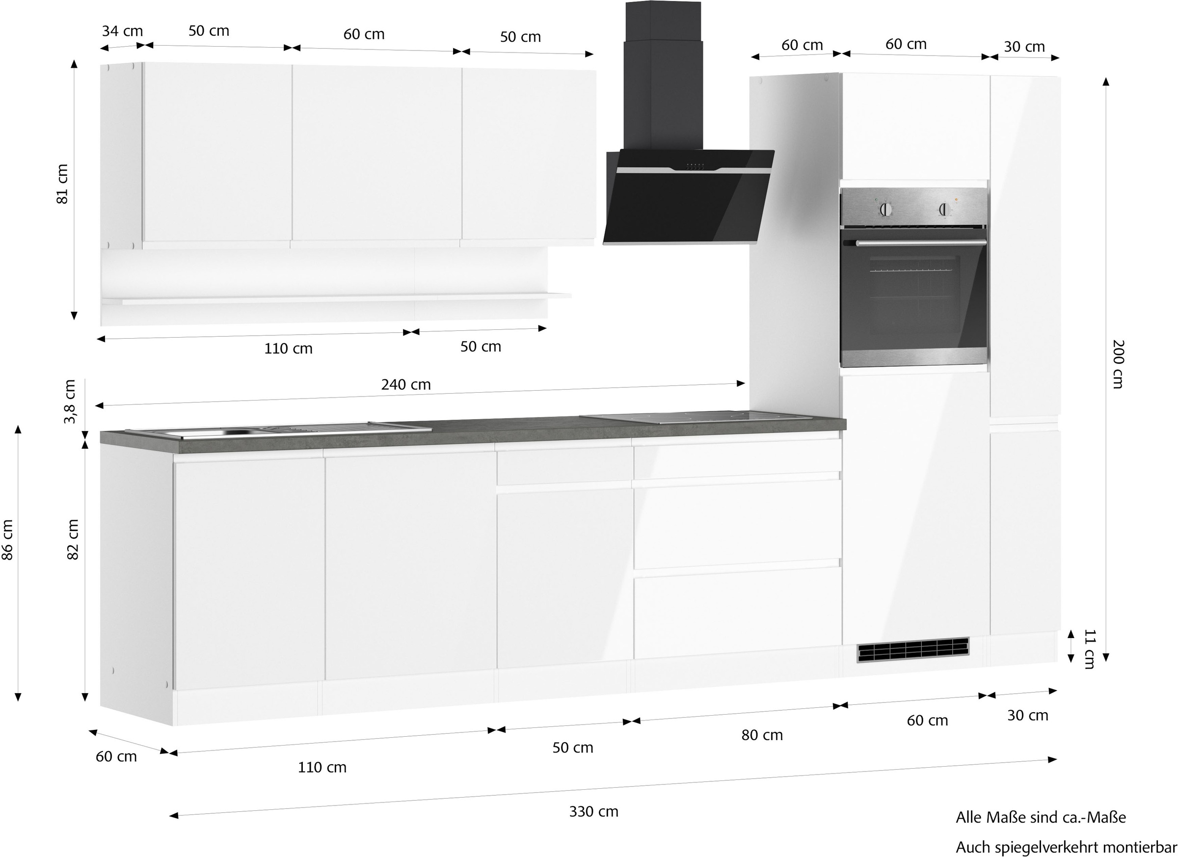 KOCHSTATION Kitchenette »KS-Virginia,neu in verbesserter Ausführung« plan de travail épaisseur 38 mm, rangement, fermeture douce,  largeur 330 cm, soft-close, sans appareils électriques