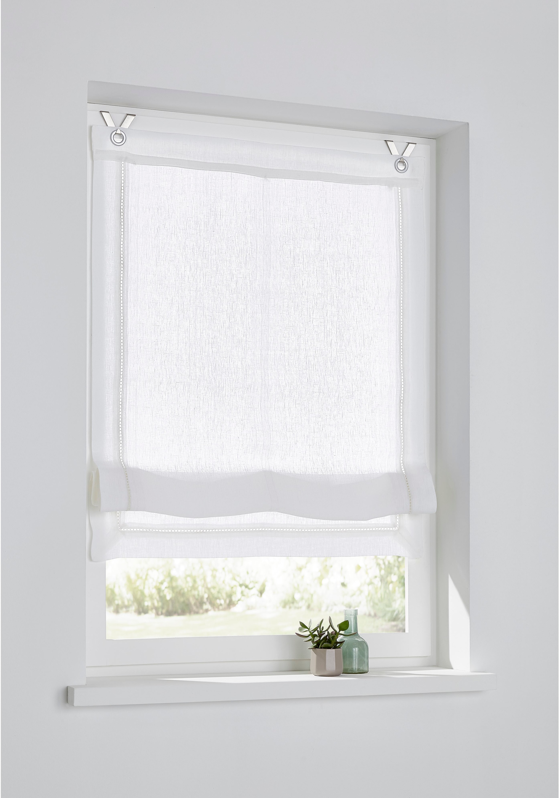 Image of Kutti Raffrollo "Hedda" mit Hakenaufhängung ohne Bohren freihängend mit Fensterhaken, 100 % Leinen, mit Hohlsaum, halbtransparent