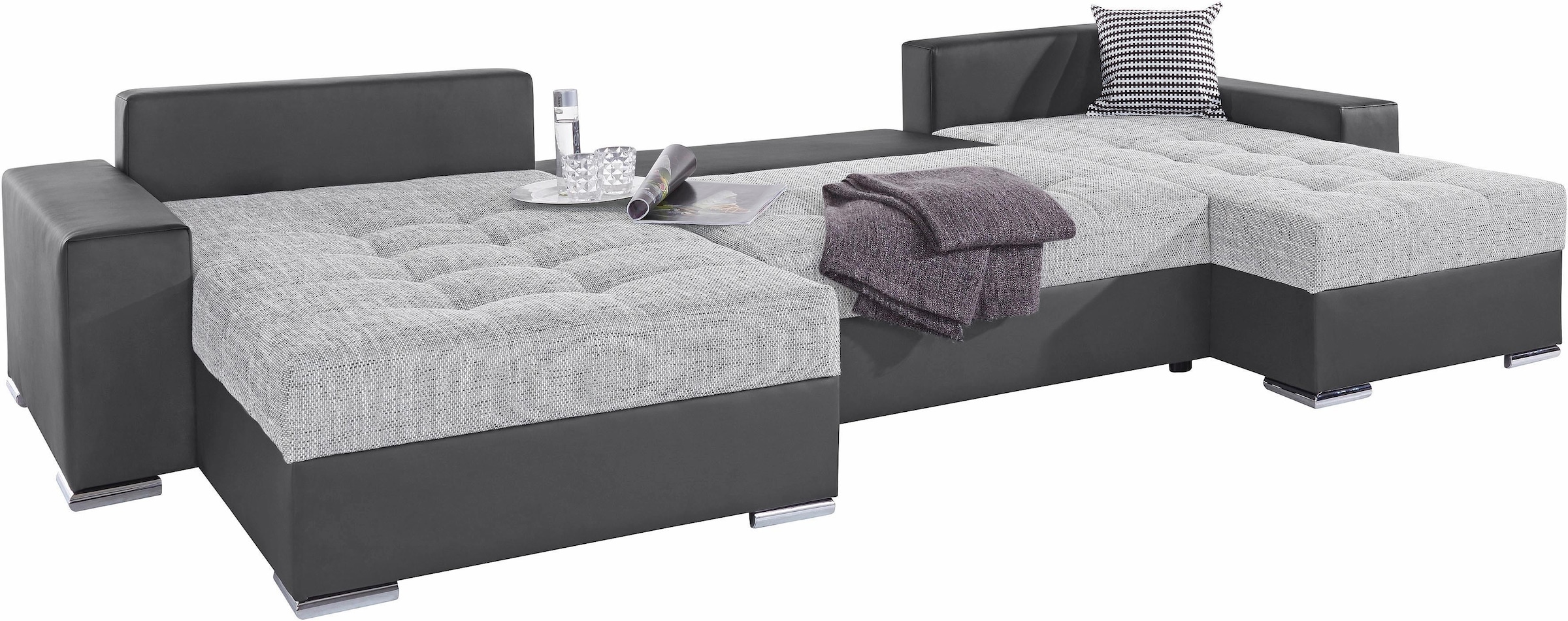 COLLECTION AB Wohnlandschaft »XXL-Josy U-Form, Breite 333 cm, mit 2 Recamieren 77 & 97 cm«, inkl. Bettfunktion, Bettkasten, mit 5 gleich grossen Rückenkissen