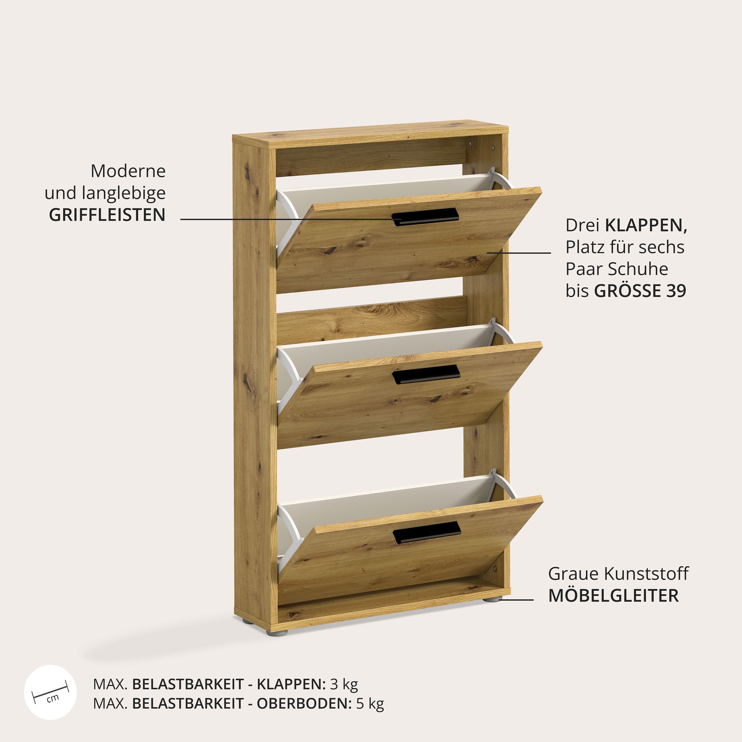 HBZ Basculeur de chaussures »Sam Schuhkipper, Schuhschrank BxHxT 59x103x17 cm« 1 cuis tlg. meuble à chaussures avec 3 abattants, LxHxP 59x103x17cm