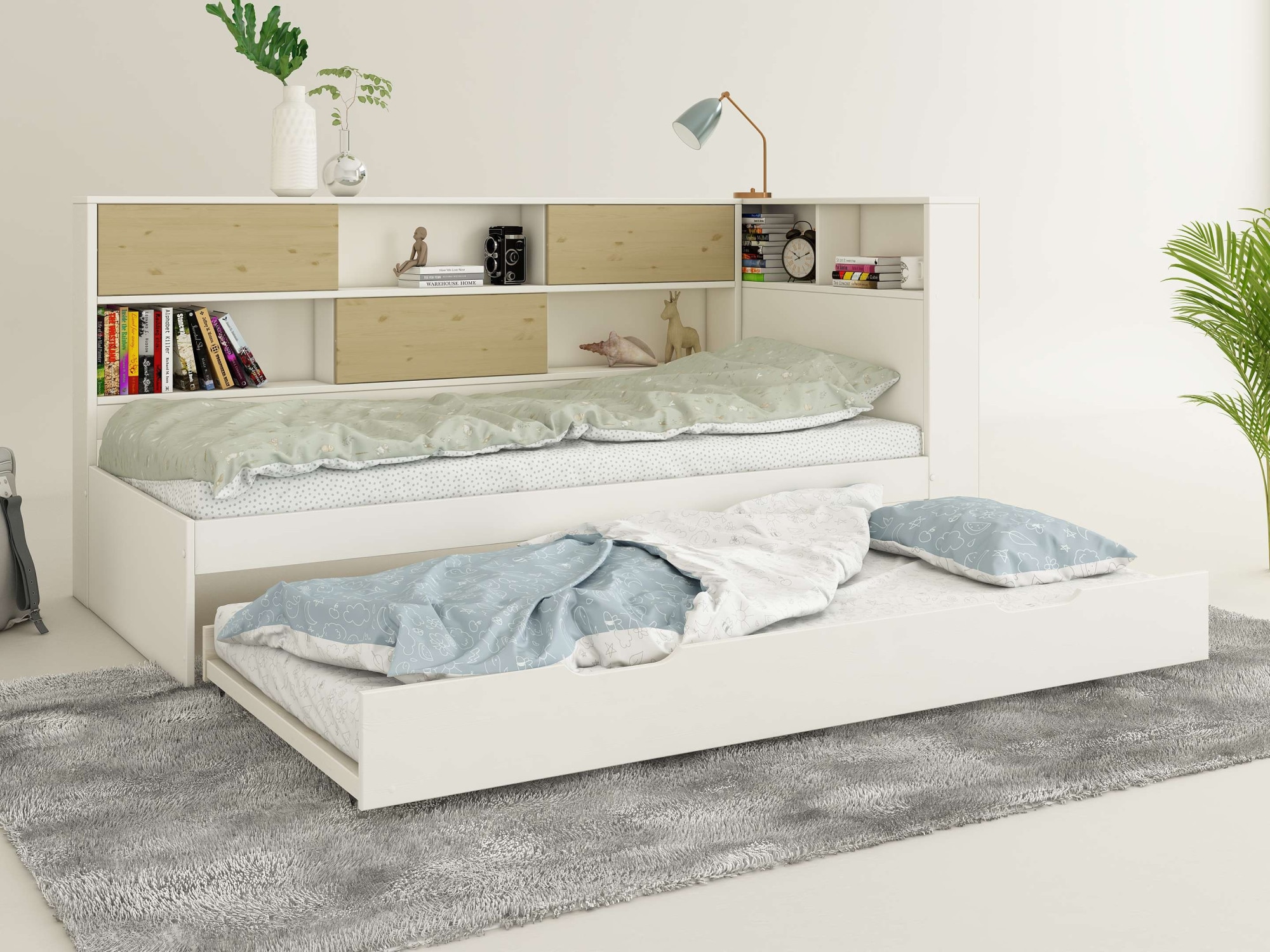 Home affaire Stauraumbett »Amance, Massivholz mit MDF, viel Stauraum, ideal für kleine Räume«, (Aussenmasse B/T/H: 110,2/220,1/106,9 cm), FSC® zertifiziert, inklusive Lattenrost, Made in EU