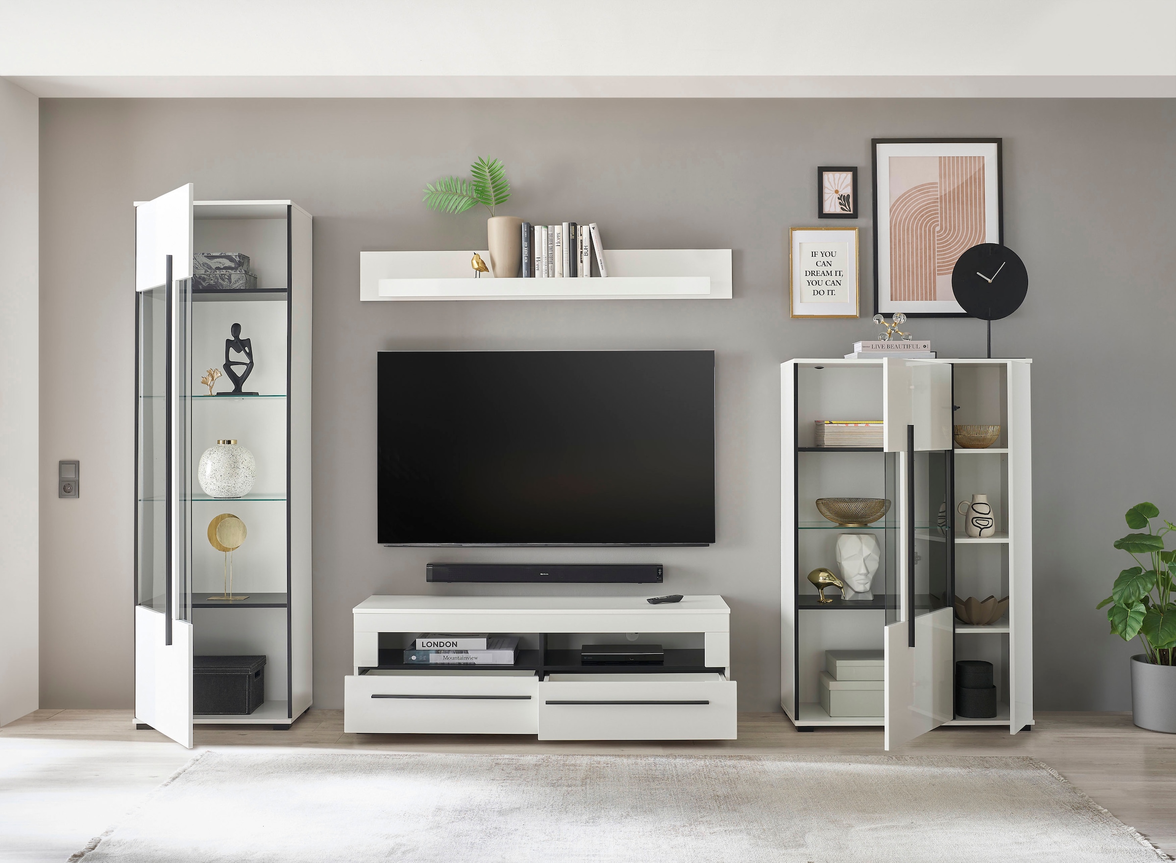 INOSIGN Wohnwand »Cantara, moderne Anbauwand, Wohnzimmer-Set, in Eiche Evoke oder Weiss«, (Set), enthält zwei Vitrinen, ein Lowboard und ein Wandboard