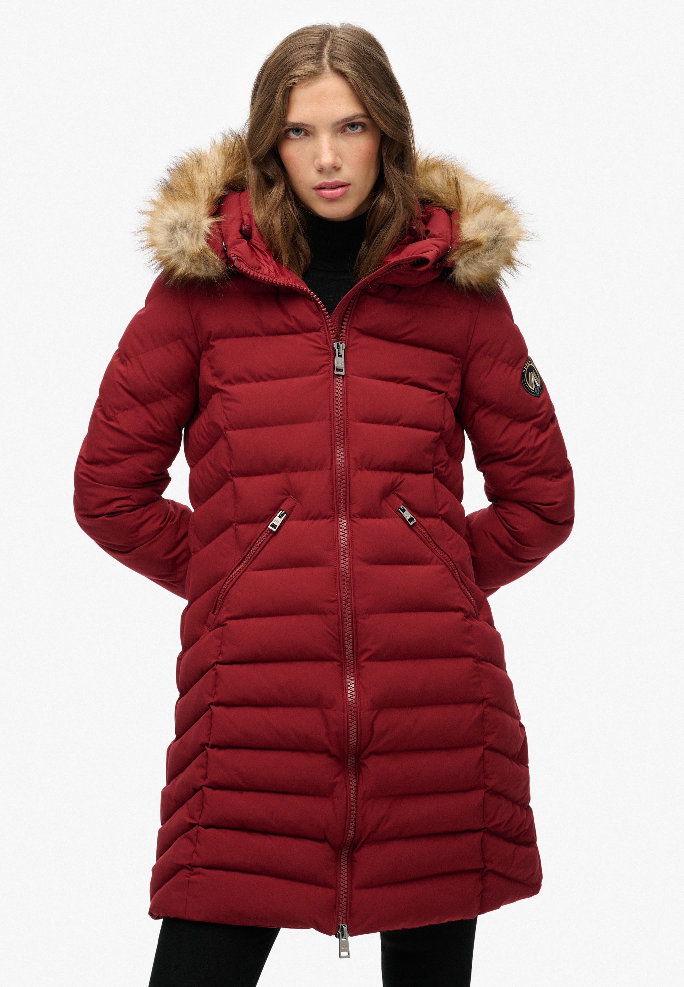 Image of Superdry Steppjacke "FUJI FAUX FUR HOOD MID LENGTH" mit Kapuze Slim Fit, mit Reissverschluss, aus Polyester und Kunstfaser