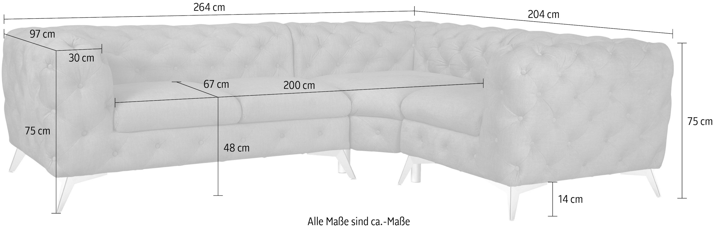Leonique Chesterfield-Sofa »Ecksofa GLYNIS L-Form mit Wellenunterfederung, Masse B/T/H 264/204/75cm«, aufwändige Knopfheftung, moderne Chesterfield Optik, Fussfarbe wählbar