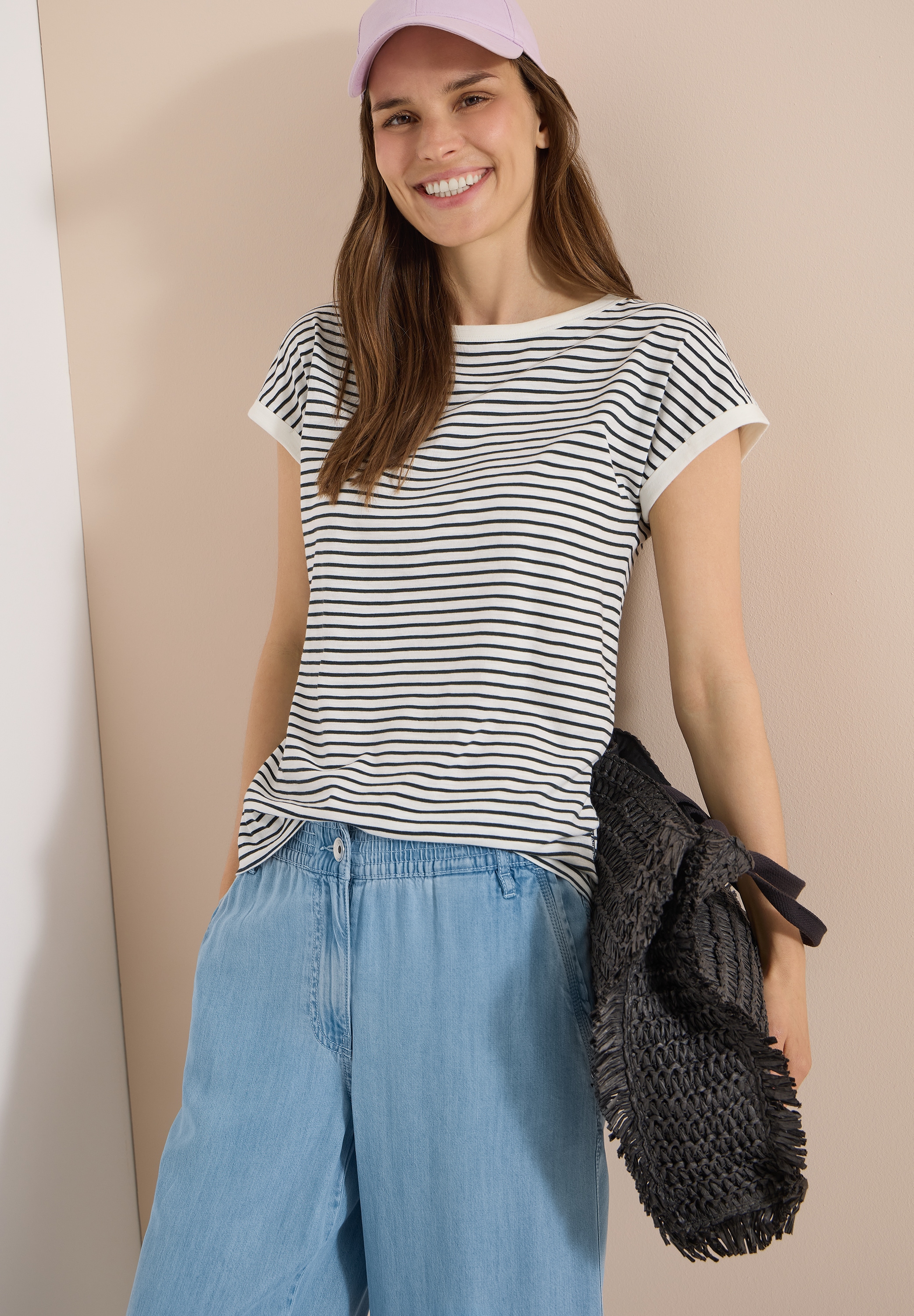 Cecil T-Shirt lässiger Streifenlook, Rundhals, softer Materialmix