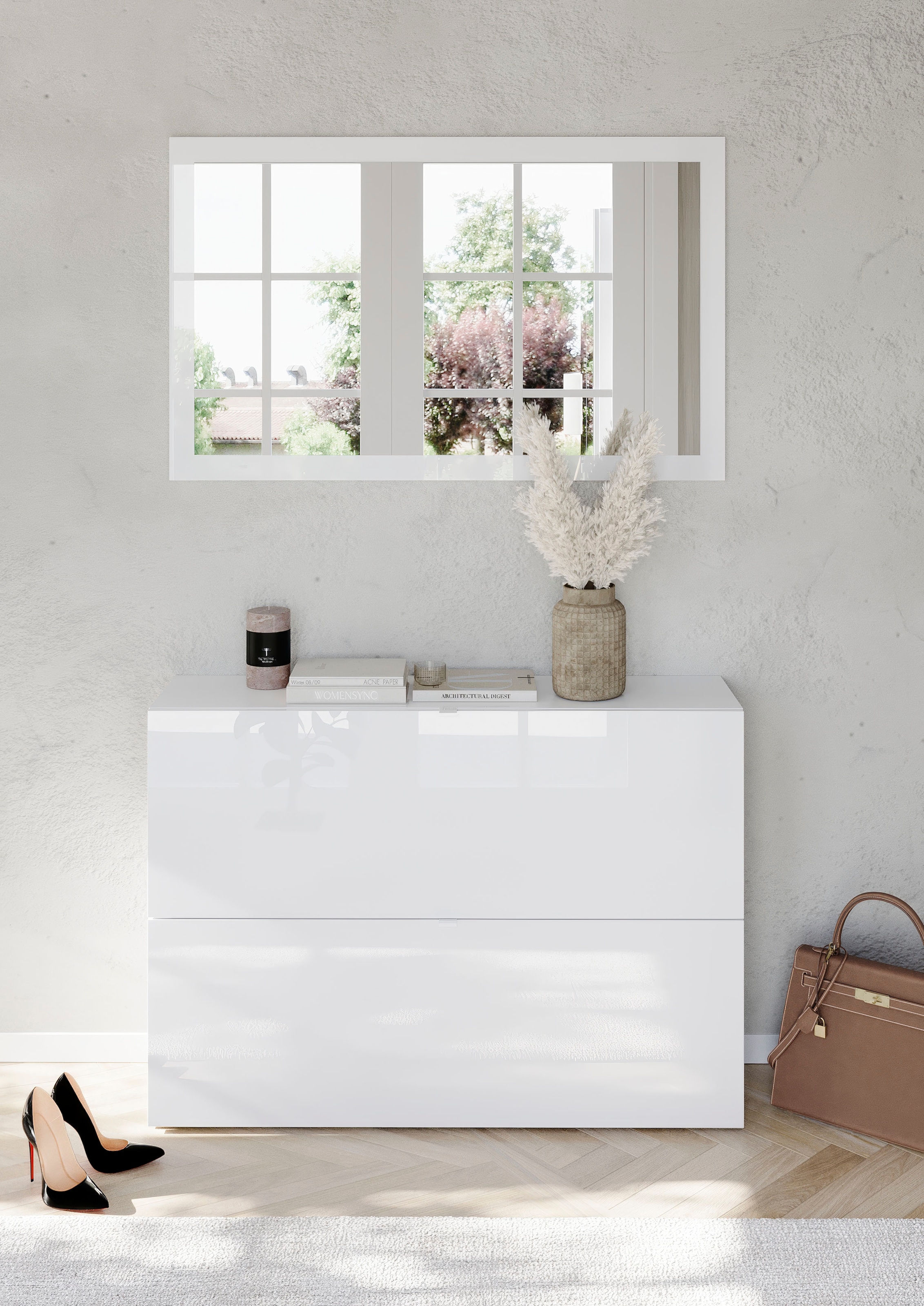 INOSIGN Schuhschrank »SMILE Breite 104 cm, 2 Klappen, komplett Weiss Hochglanz lackiert,«, Schuhkipper hängend o. stehend montierbar, 4 Fächer, Metallgriffe