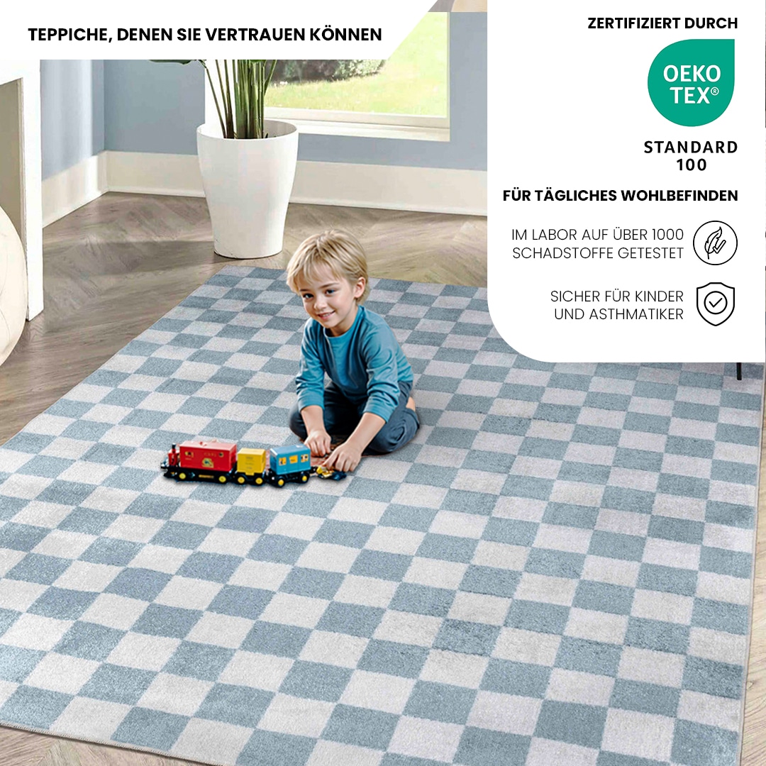 Livabliss Teppich »CLEVELAND«, rechteckig, 6 mm Höhe, Maschinenwaschbarer Teppich mit Karomuster, Kurzflor Wohnzimmerteppich