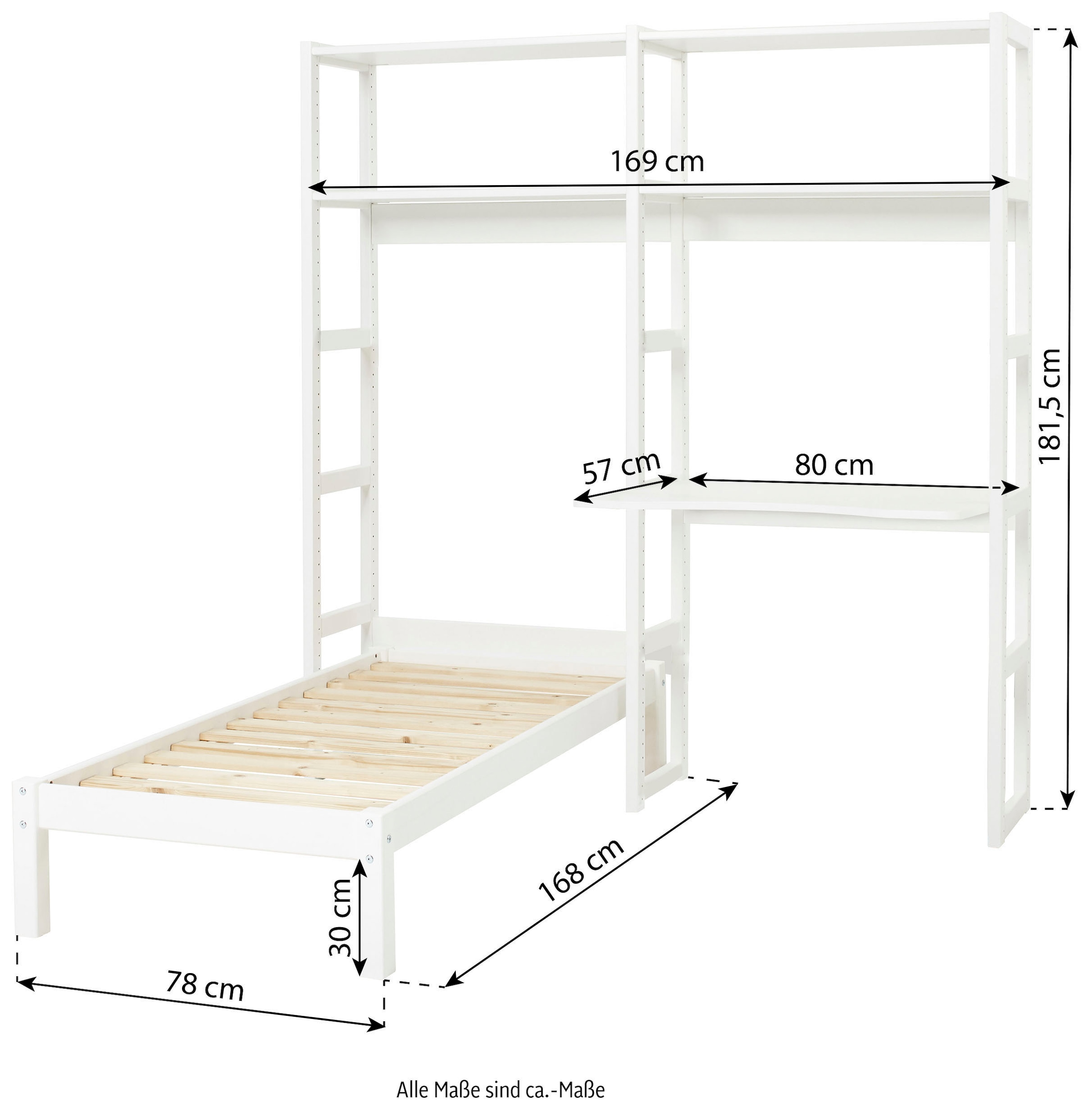 Hoppekids Jugendzimmer-Set »STOREY«, (Set, 13 tlg., Bett, Schreibtischplatte, 4 Einlegeböden, 4 Stützelemente, Rollrost), mit Bett, Schreibtisch & Regal, 2 Grössen