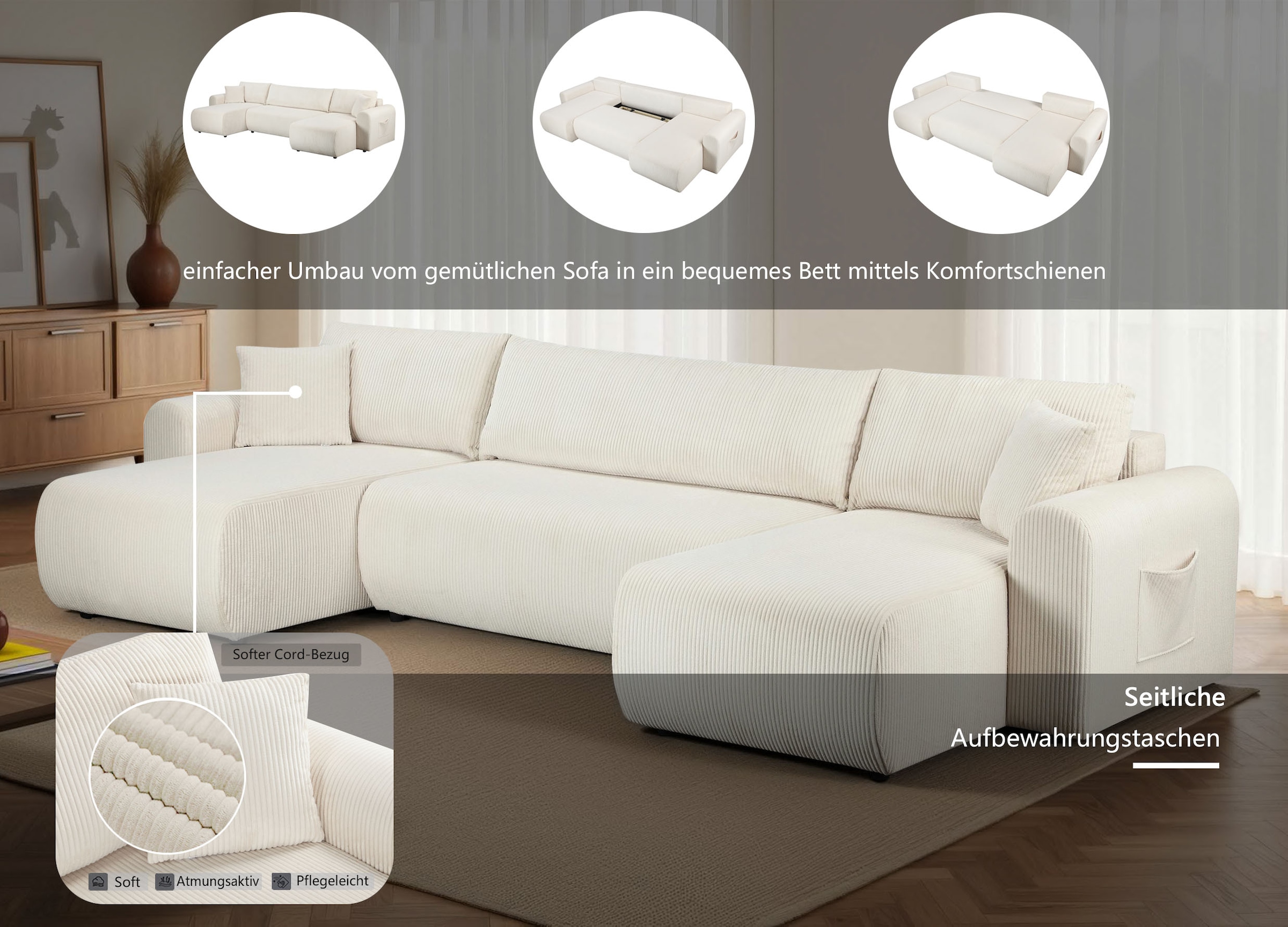 GOODproduct Paysage de salon »JONAA, 311 cm, U-Form, Schlafsofa, Boxspringfederung, Cord u. Struktur« 133/270cm, Bettkasten, Seitentaschen, Cord und Struktur