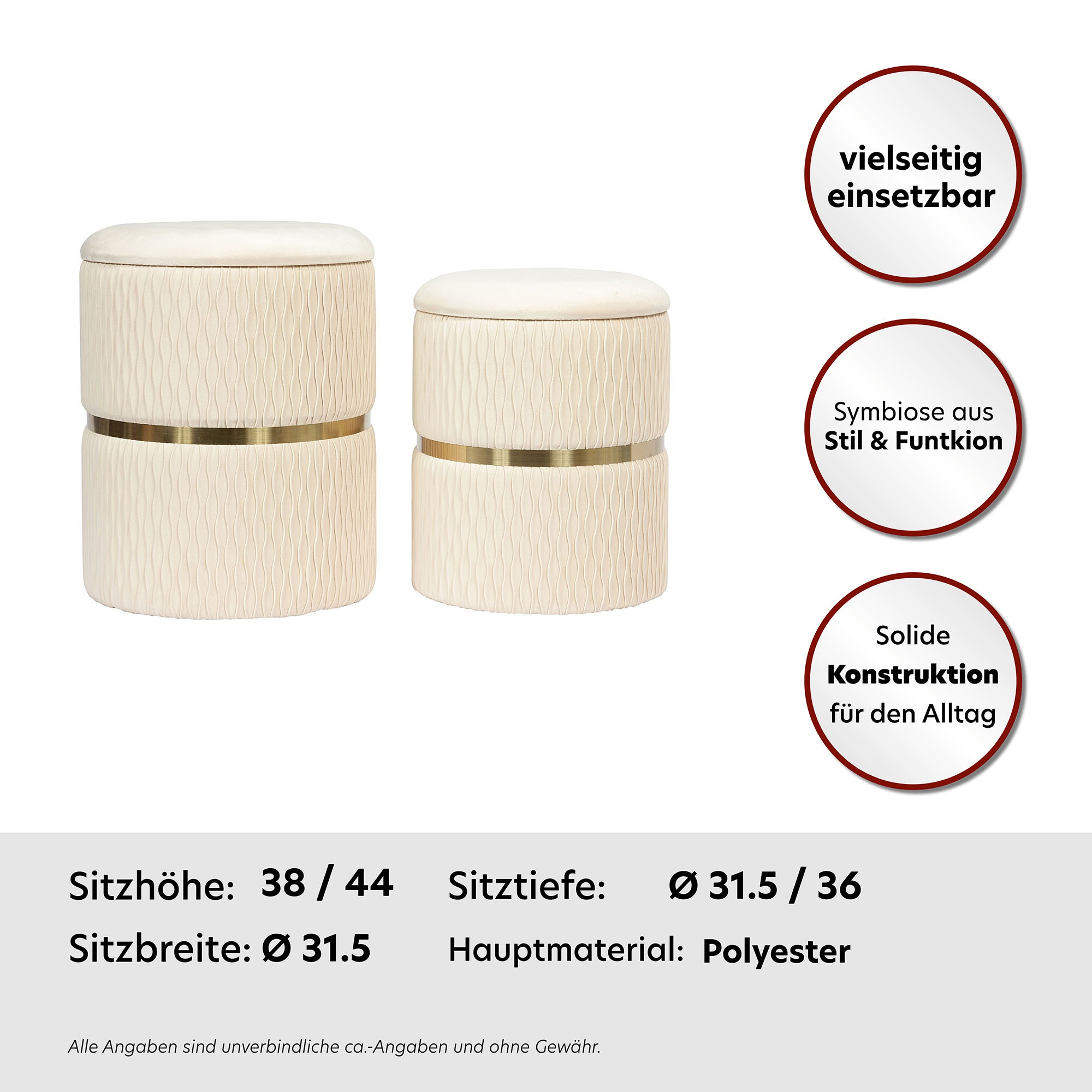 Kayoom Polsterhocker »Hocker Zora 425 2er-Set, Praktischer und versteckter Stauraum«, (Set, 2 St.), 2er-Set mit Stauraum, ineinander stapelbar, goldfarbenener Ring