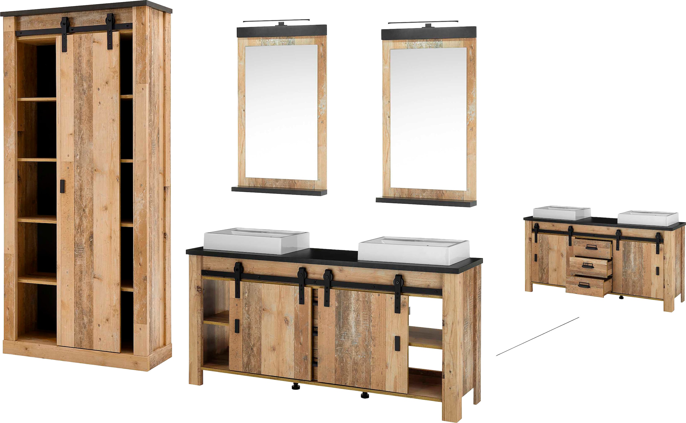 Home affaire Badmöbel-Set »SHERWOOD, Bad im modernen Design, 4-teiliges Badezimmer«, (4 St.), in 2 Farben verfügbar, Scheunentorbeschlag & Apothekergriff aus Metall