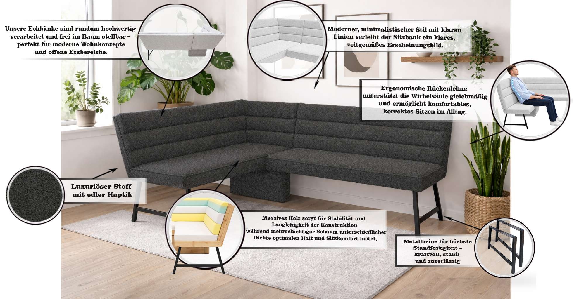 GOODproduct Banc d'angle »Oregon Küchenbank, Polsterbank, Esszimmerbank, 177x140 cm« Moderne Bank und  Farben, Sitzplatzanzahl: 4/5, Frei in Raum stellbar