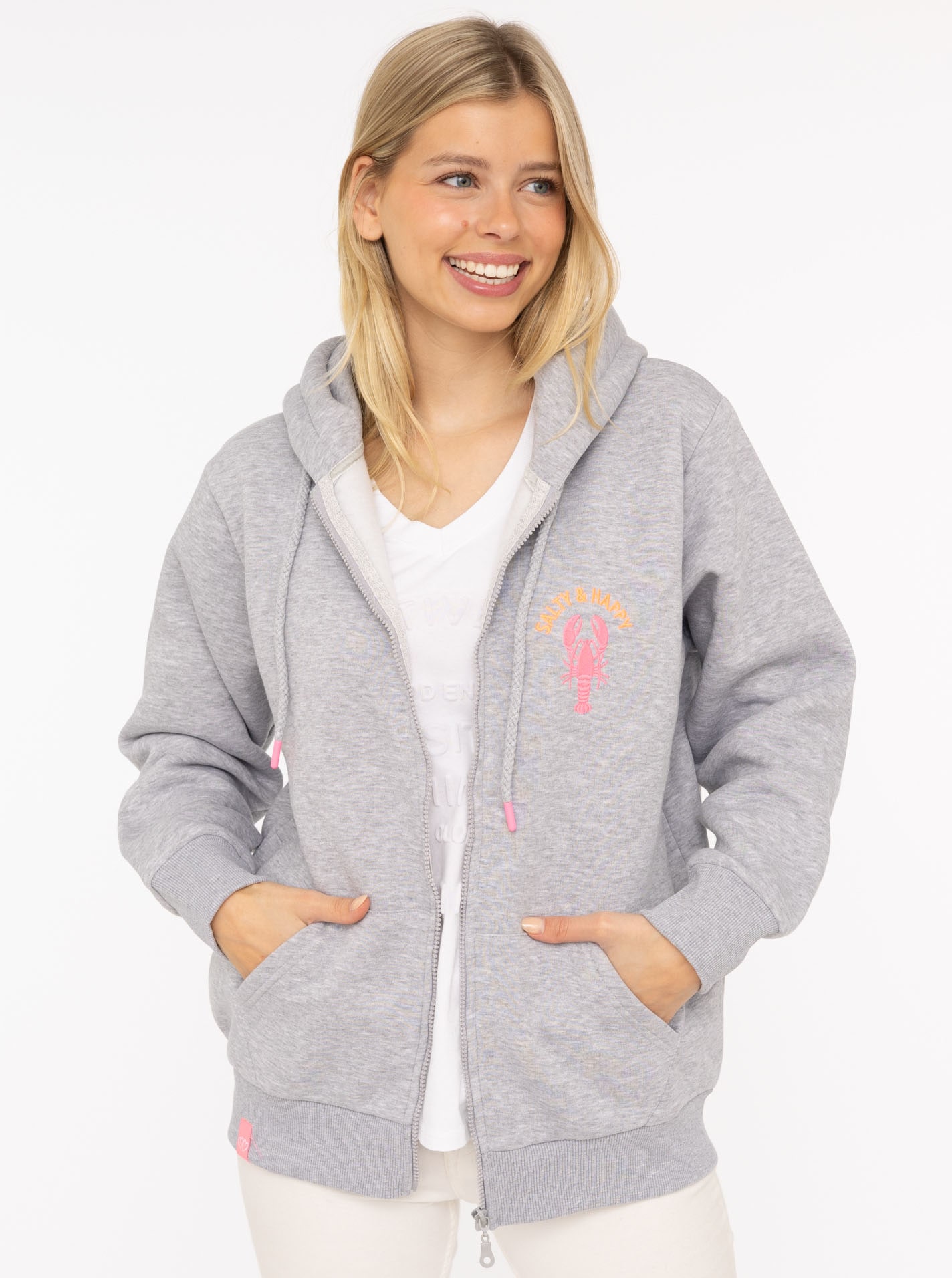 Image of Zwillingsherz Sweatjacke ""Salty & Happy"" Kapuze, Langarm, Reissverschluss, modisch, maritim, Kordelzug