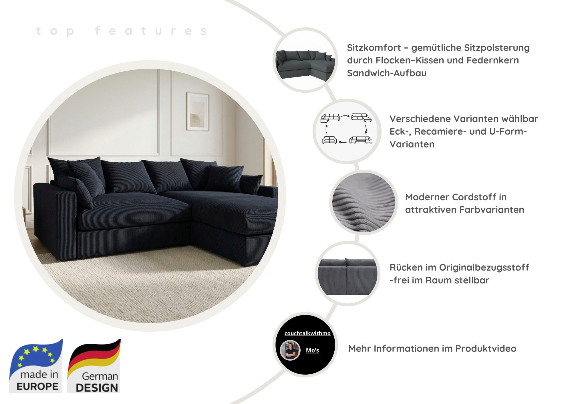 GOODproduct Paysage de salon »Cosy Lounge U-Form, Breite 385 cm« méga canapé recouvert de velours côtelé, avec ressorts et 5 coussins décoratifs
