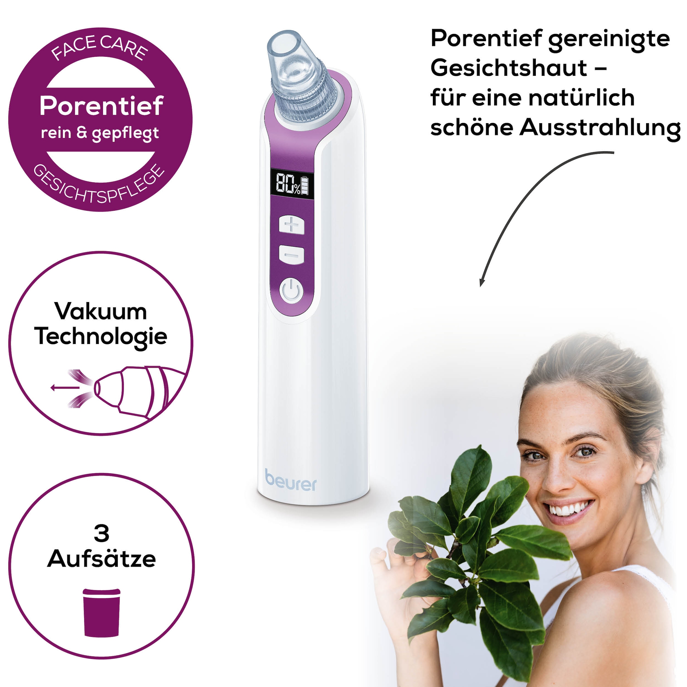 BEURER Porenreiniger »FC 41 Mitesserentferner durch Vakuumtechnologie« 5 Intensitätsstufen und 3 Aufsätze für eine individuelle Anwendung