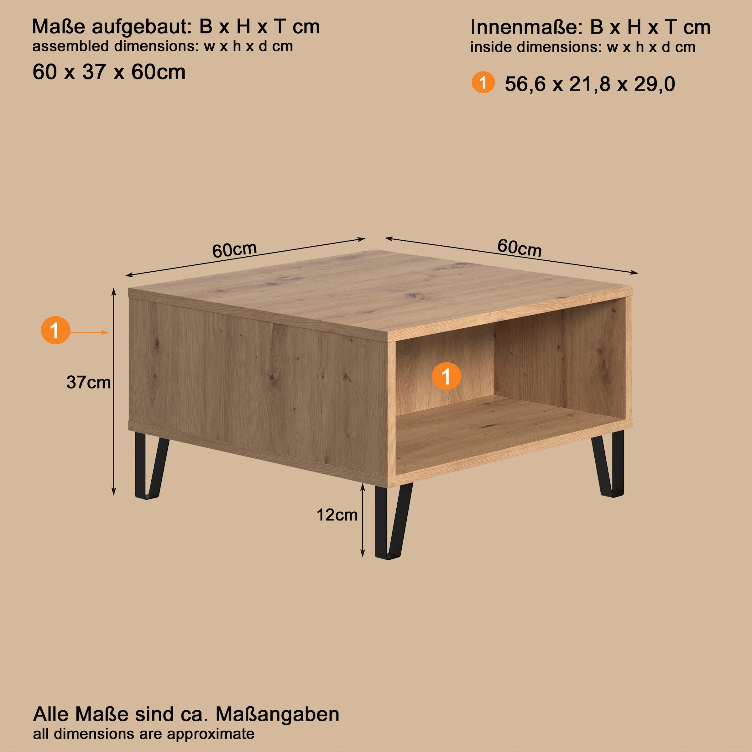 Home affaire Table basse »Tarragona« Table basse avec 2 compartiments ouverts - (L/P/H) 60/60/37 cm