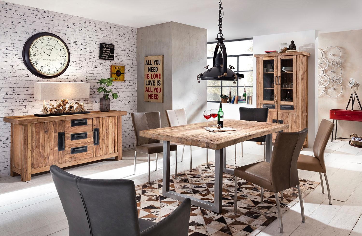 SIT Table de salle à manger »Osaka aus recyceltem Teakholz mit Kufengestell im Rustik-Look« Plateau de table surépais en teck avec cadre stable en fer en forme de luge