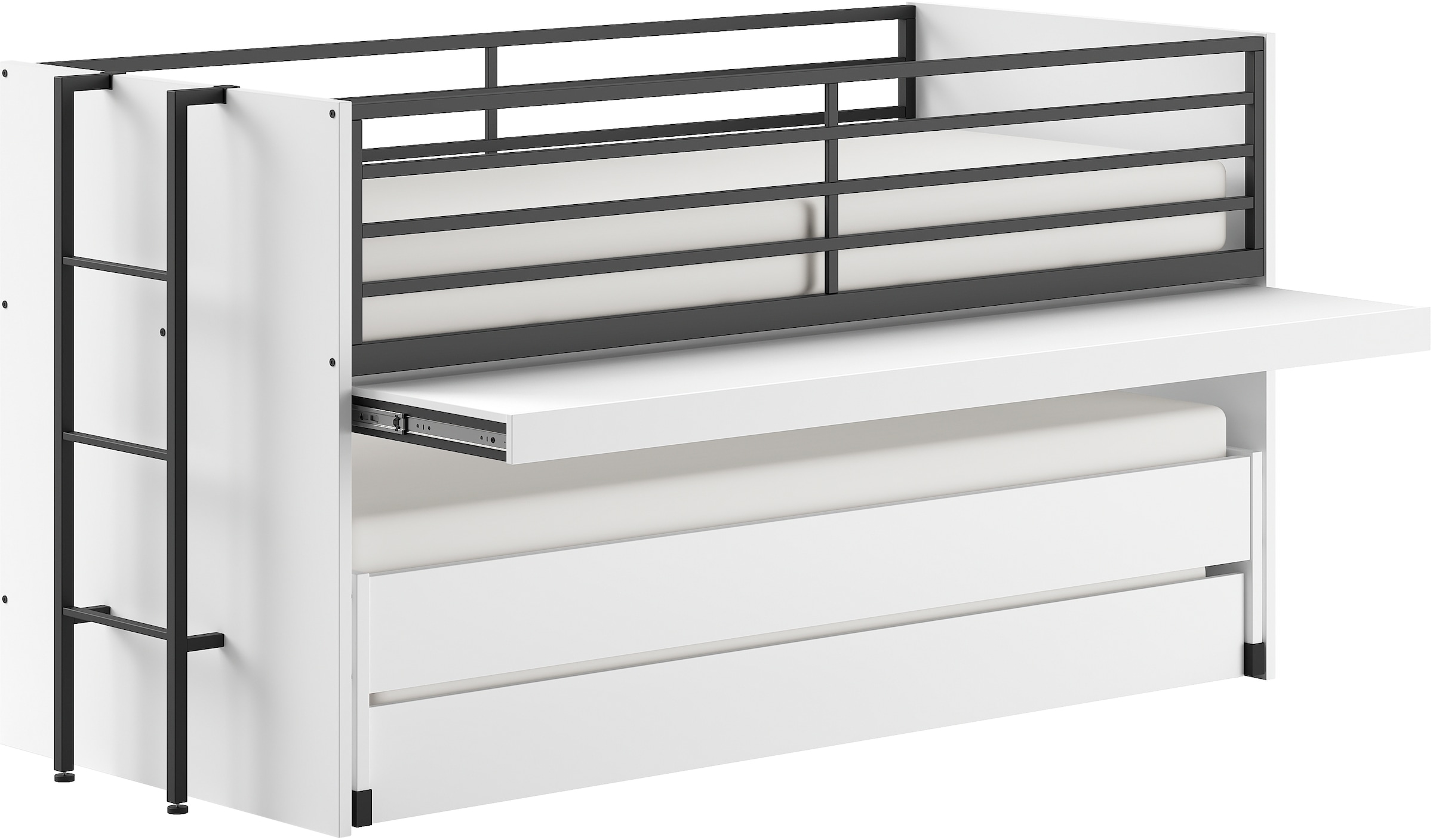 Vipack Etagenbett »praktisches Etagenbett mit viel Funktion, 2 Dekore zur Wahl« B/H/T ca. 219x114x98cm, Metall Leiter und Absturzschutz in schwarz,  für kleine Räume, 2 Liegefl., Bettschublade, inkl. Schreibtisch