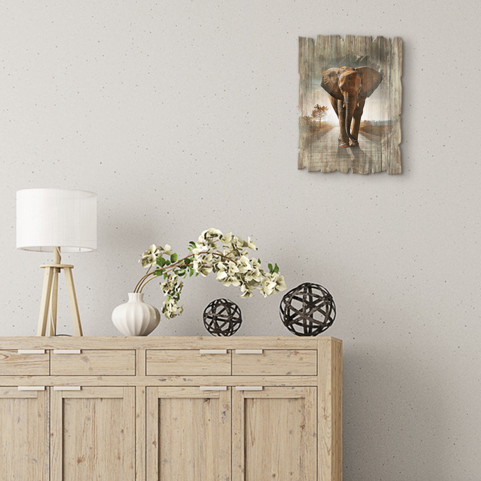 Image of Artland Holzbild "Ein Elefant läuft auf der Strasse" Wildtiere 1 Stk. tlg.