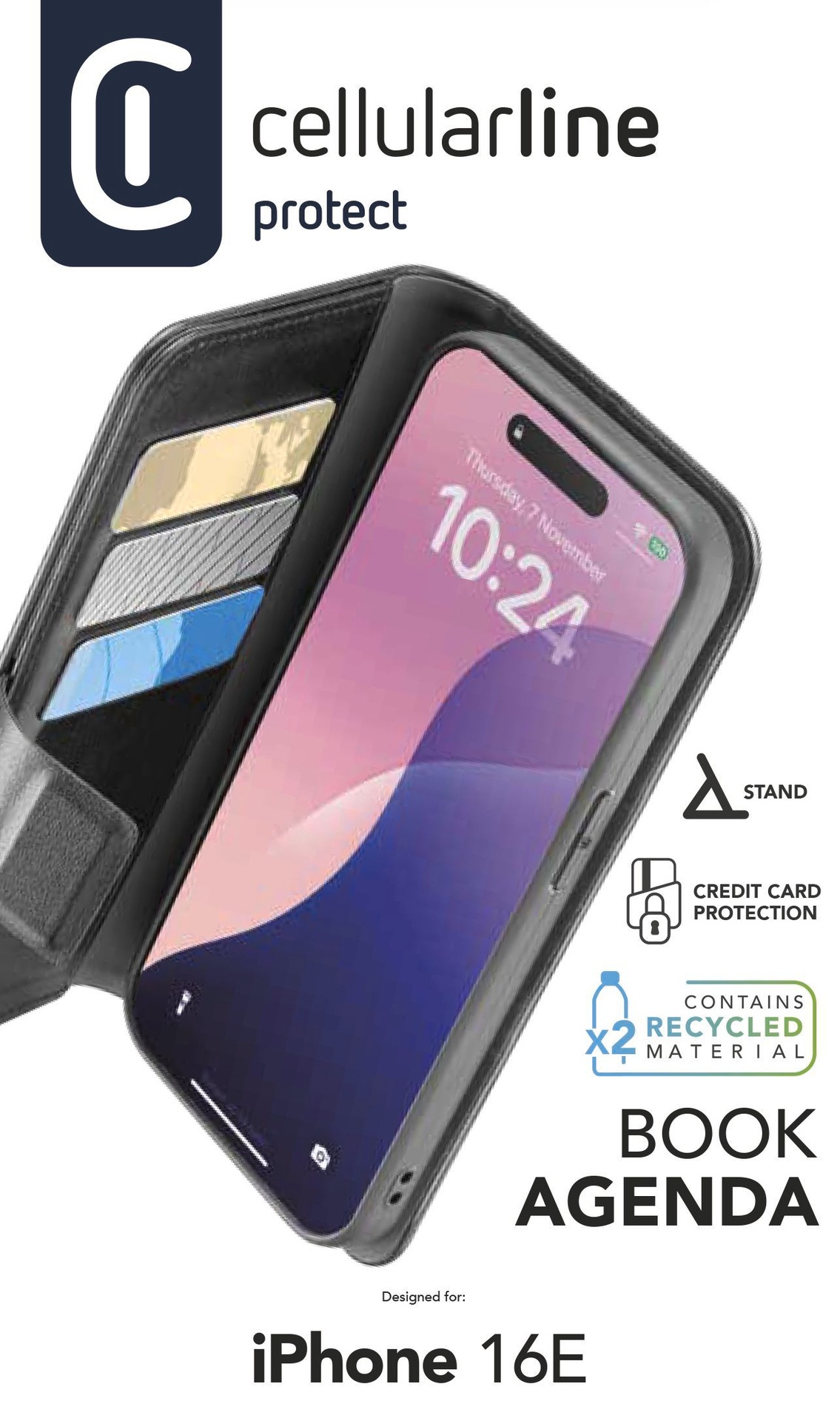 Cellularline Housse pour téléphone portable »Book Agenda 2 Case für Apple iPhone 16e« Backcover, Schutzhülle, Handyschutzhülle, Case, Schutzcase, stossfest