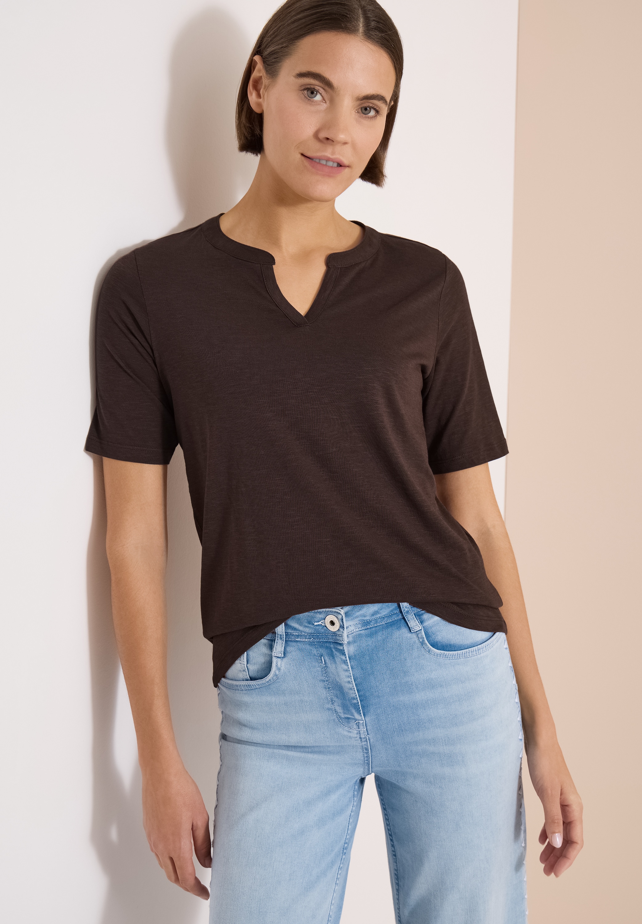 Image of Cecil Kurzarmshirt Sommershirt mit Split Neck in Unifarbe