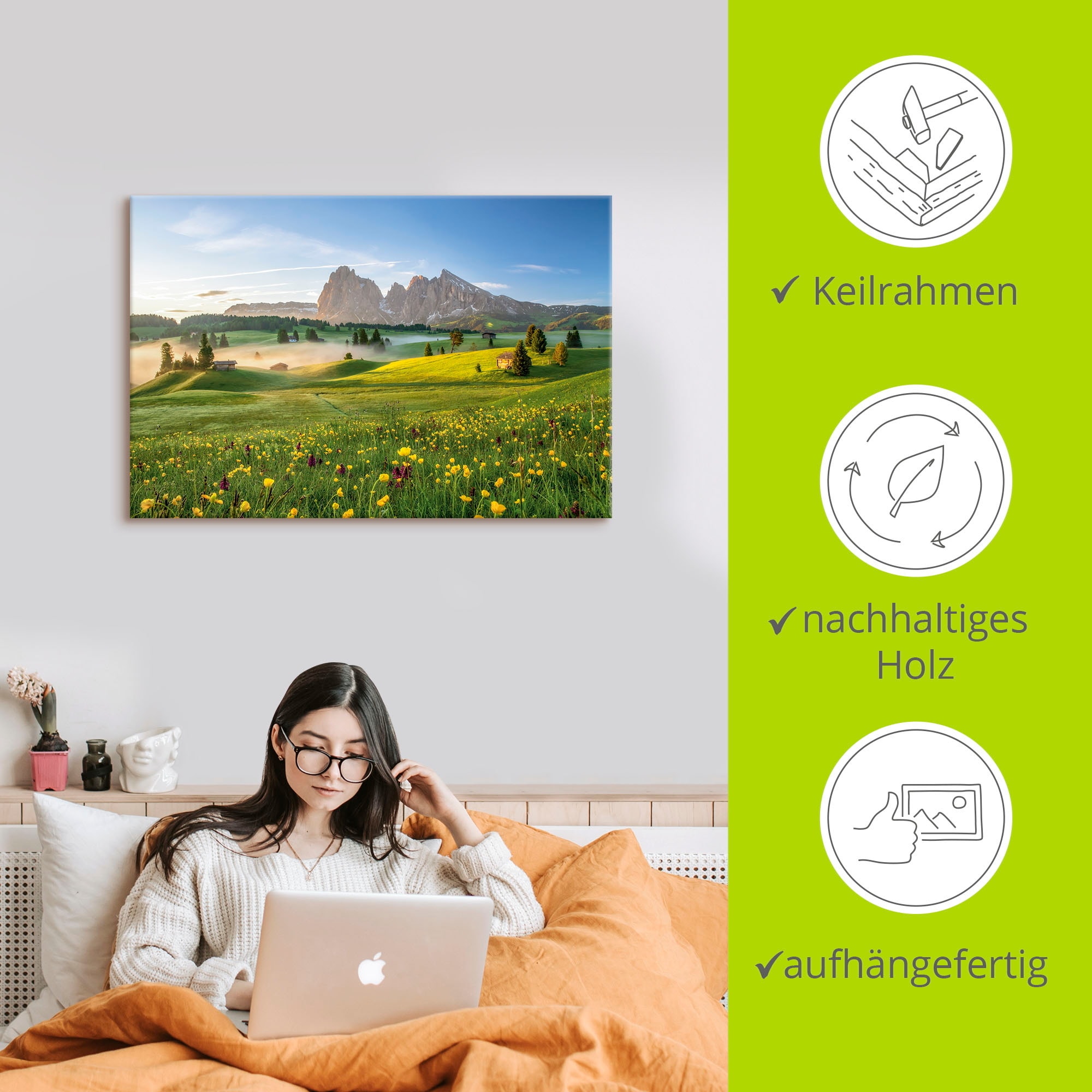 Artland Wandbild »Frühling auf der Seiser Alm« Berge & Alpenbilder 1 Stk. tlg. auf Holzrahmen gespannt