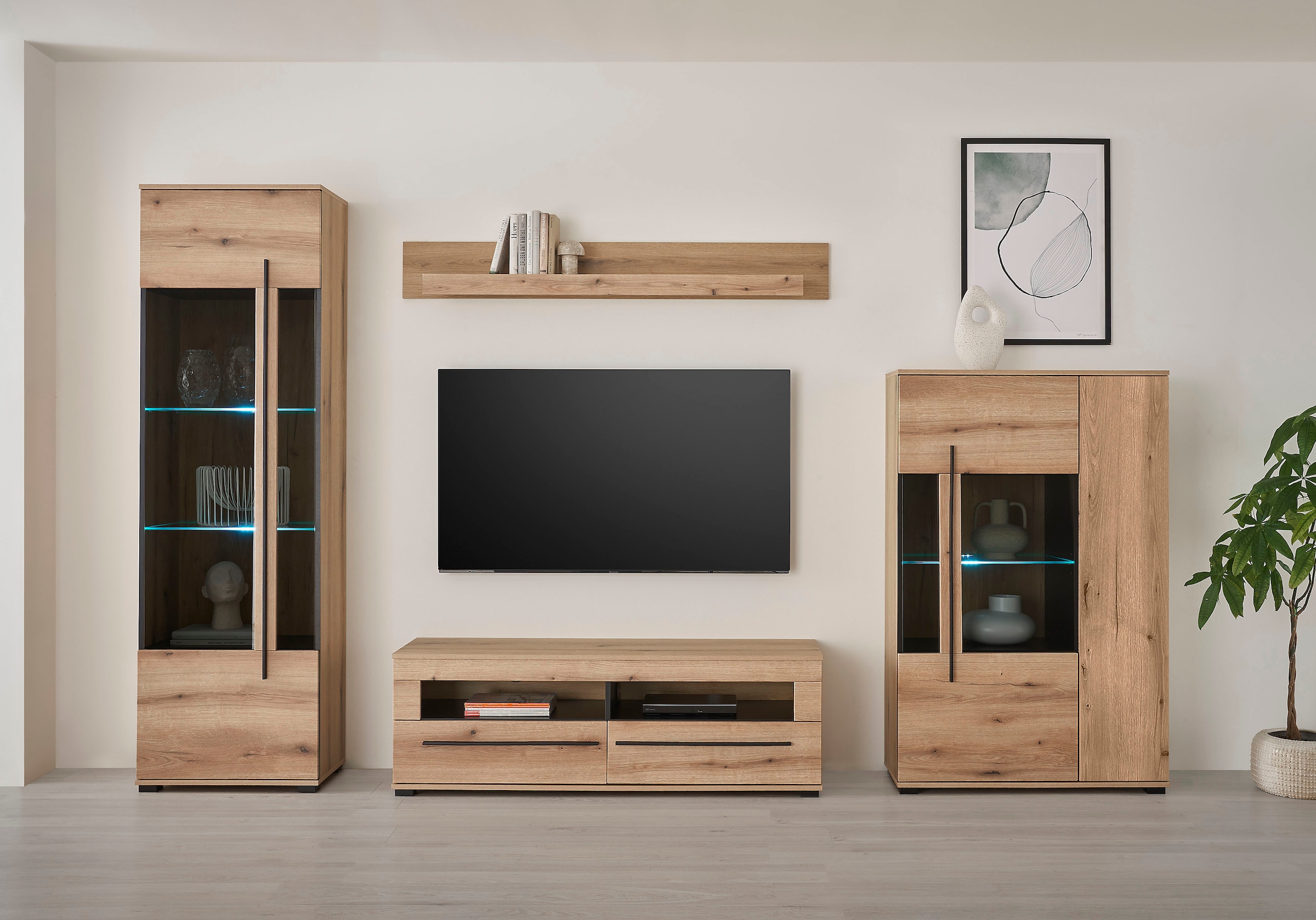 INOSIGN Wohnwand »Cantara, moderne Anbauwand, Wohnzimmer-Set, in Eiche Evoke oder Weiss«, (Set), enthält zwei Vitrinen, ein Lowboard und ein Wandboard