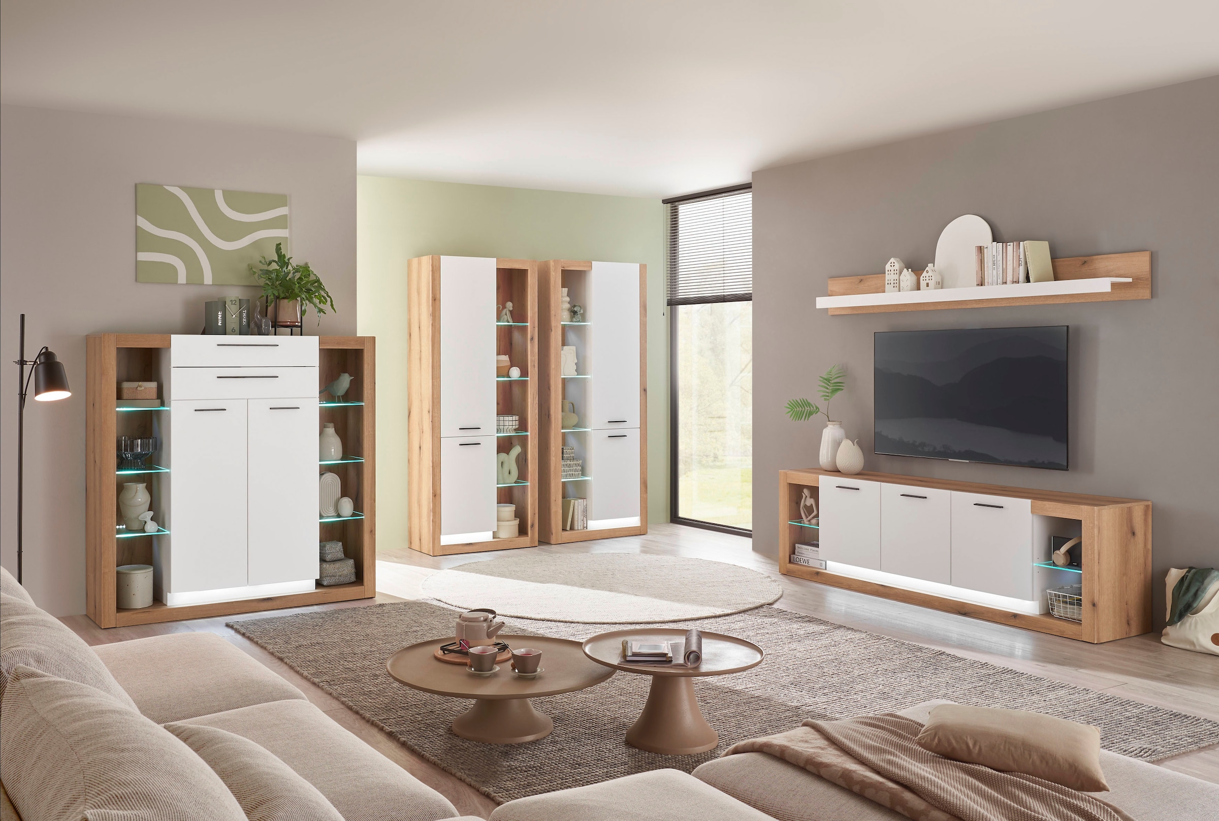 INOSIGN Wohnwand »Brixen, moderne Anbauwand, Wohnzimmer-Set, Eiche Evoke Dekor mit Weiss«, (Set, 4 St.), enthält Stauraumelemente, Lowboard und Wandboard