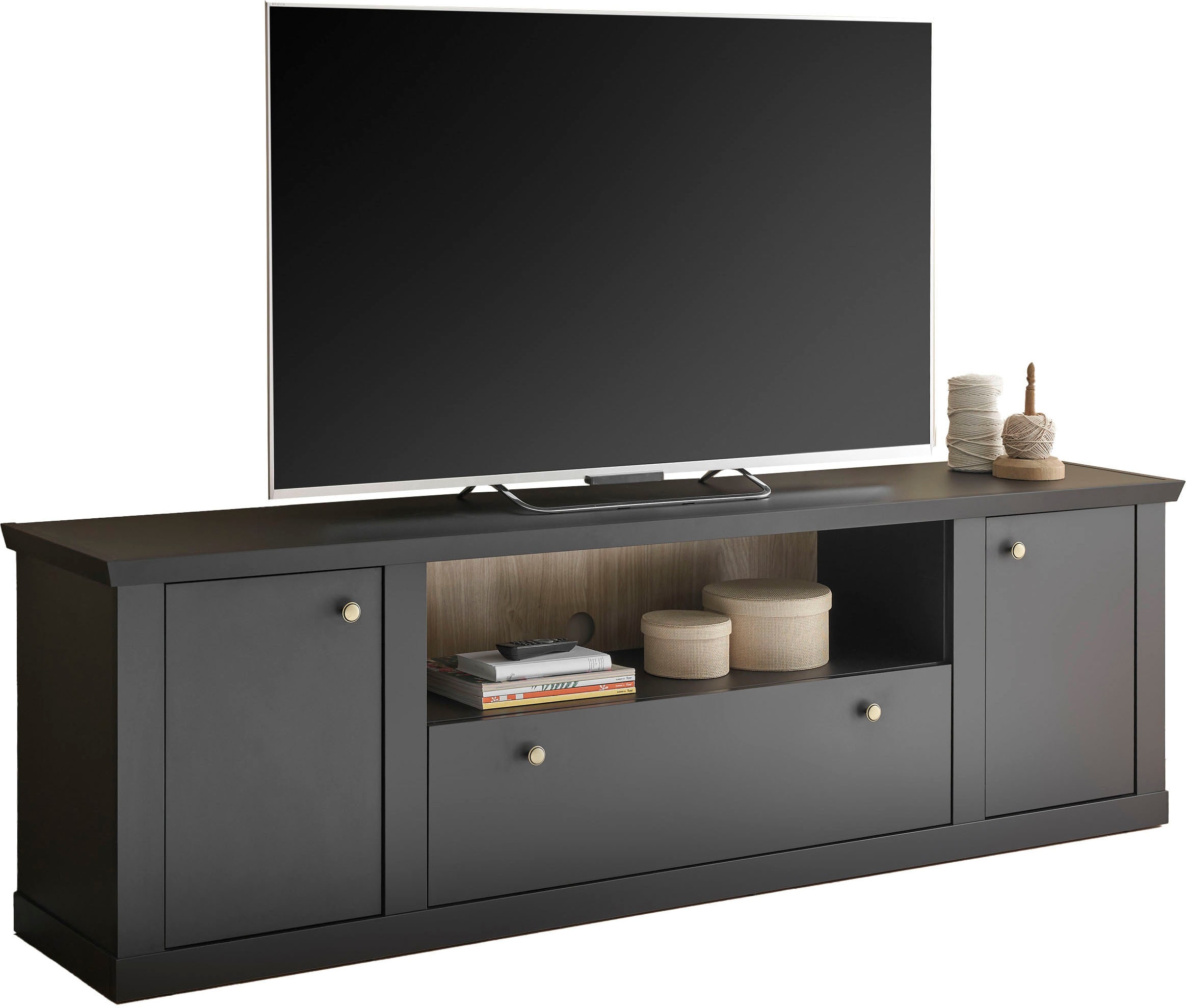 Home affaire Lowboard »Lincoln, moderner TV-Schrank, schwarze Kommode, TV-Unterschrank« edles Design, messingfarbene Knopfgriffe, in 2 Grössen verfügbar