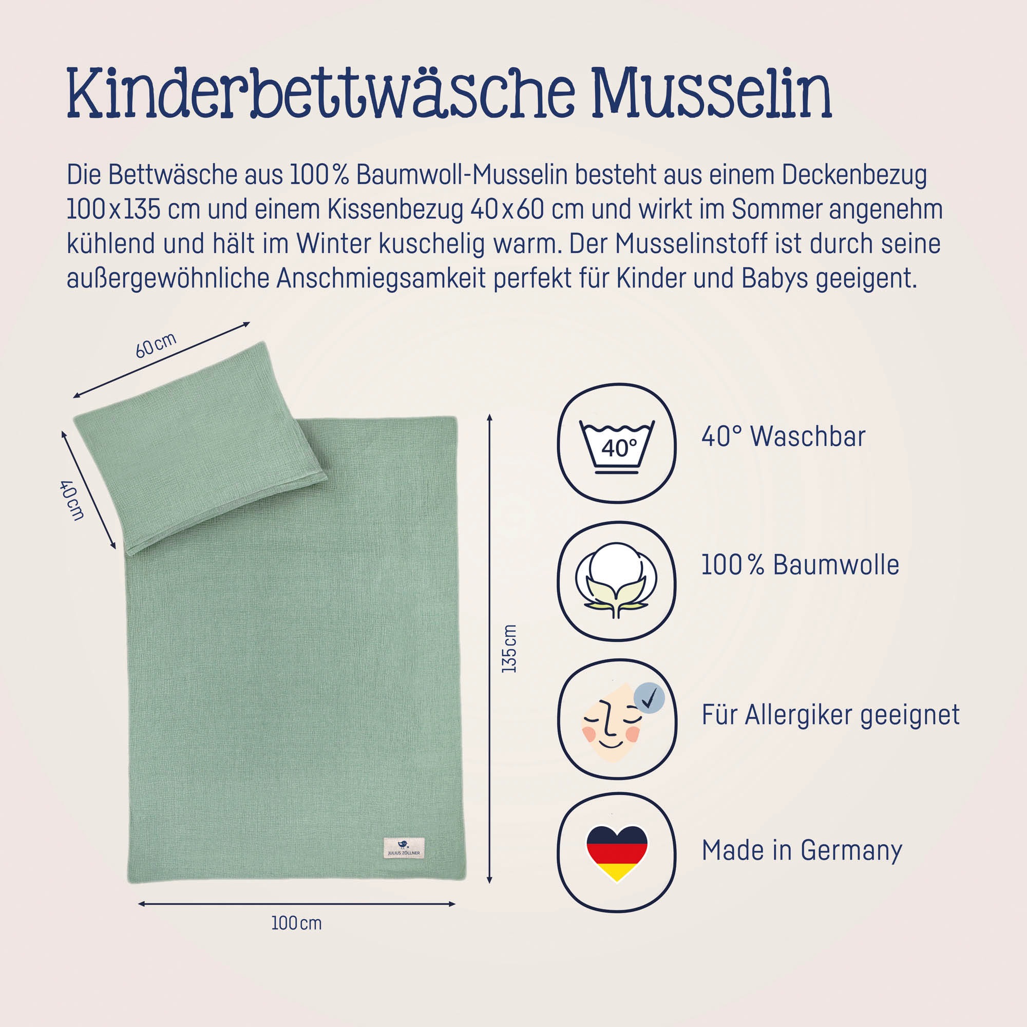 Julius Zöllner Kinderbettwäsche »Baby- und Kinderbettwäsche aus 100% Musselin«, erhältlich in den Grössen 80x80+35x40cm und 100x135+40x60cm