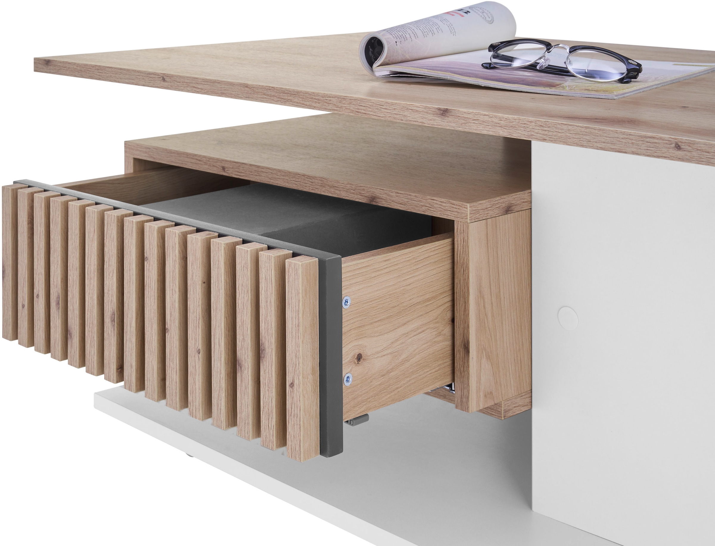 Stolkom Couchtisch »Ally Wohnzimmertisch rollbar Weiss, Artisan Dekor, BxHxT 110x44,5x60 cm«, Schubladenfront mit Lamellen-Optik, Couchtisch rollbar