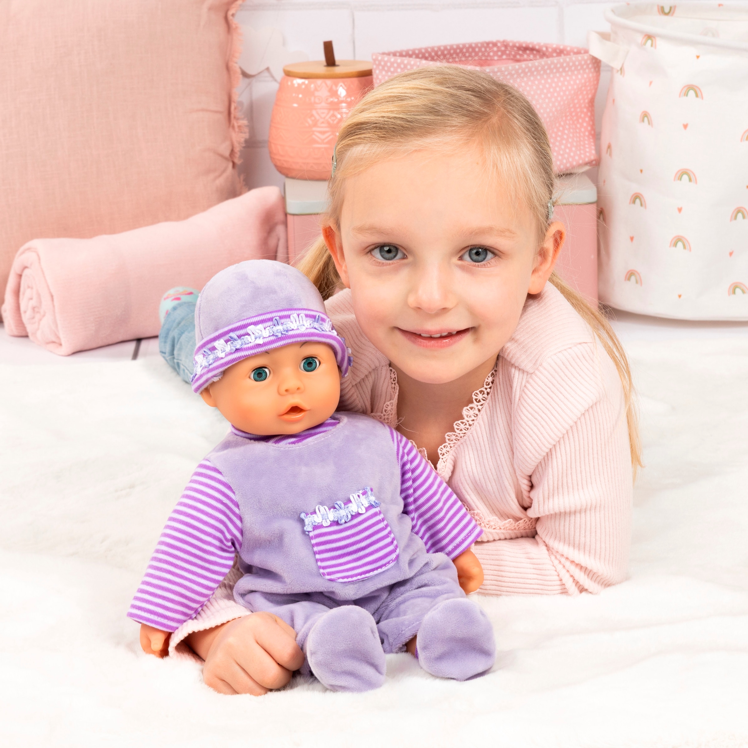 Bayer Babypuppe »First Words Baby, 38 cm, lila« mit Schlafaugen und Babygeräuschen