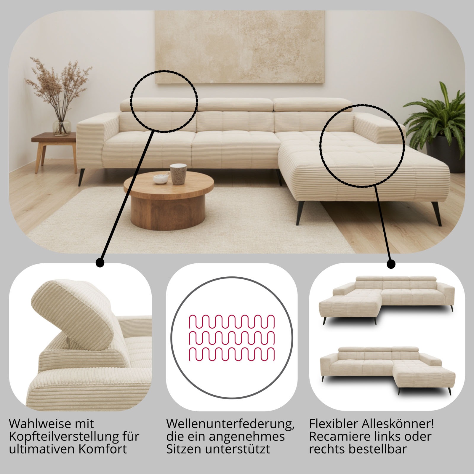 DOMO collection Ecksofa »Trento L-Form, mit Kufenfuss oder Einzelfuss«, wahlweise mit Kopfteilverstellung, Recamiere links/rechts bestellbar
