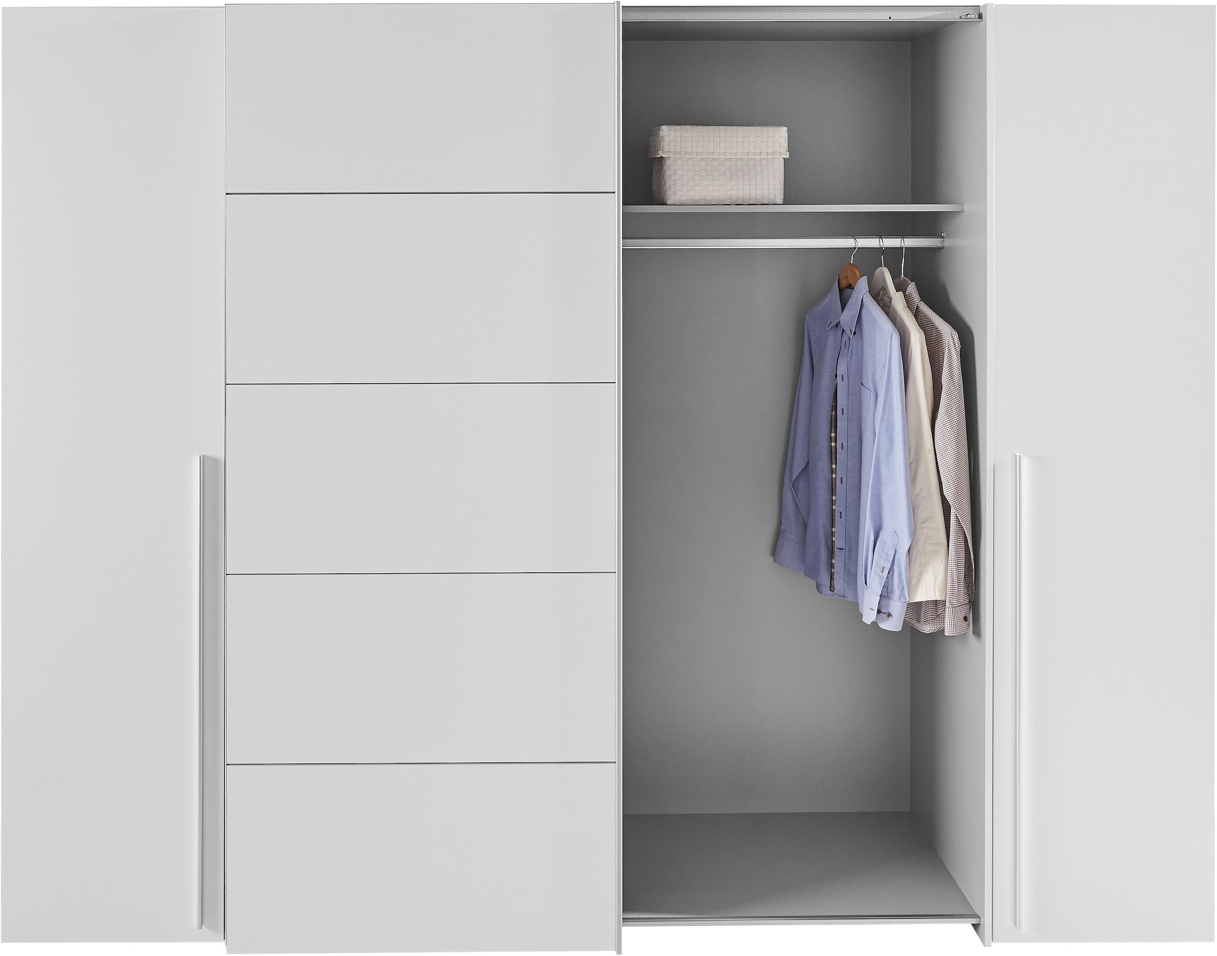 FORTE Armoires à vêtements »Narago, Kombischrank, modernes Design« L/H/P env. 270/210/61 cm, aussi avec équipement premium,  Combinaison de portes coulissantes avec portes latérales battantes, Fabriqué en Europe