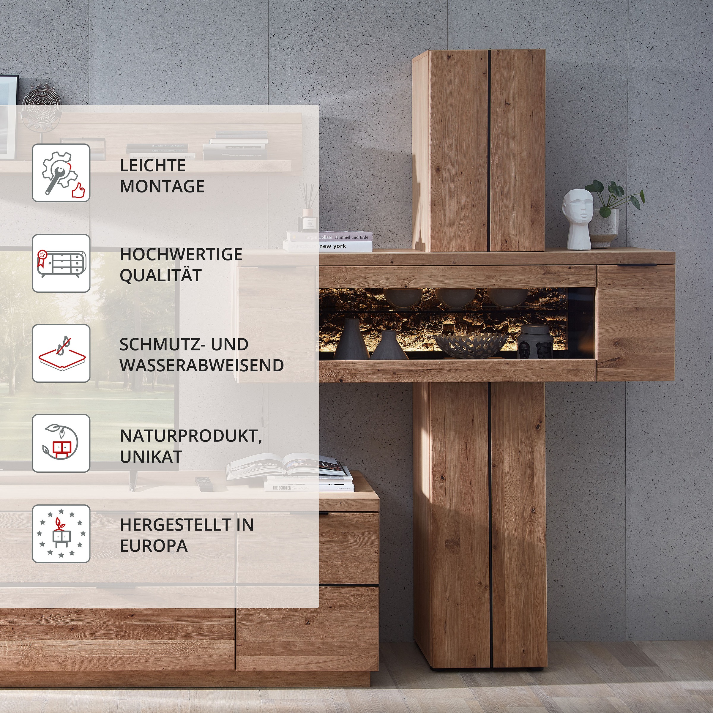 Wohnconcept Stauraumvitrine »Donna Stauraum-Säule, 140x203x42 (BxHxT)« 1 Stk. tlg. Beleuchtung bestellbar, 2 türig, Echtkork Absetzung, L/R verwendbar