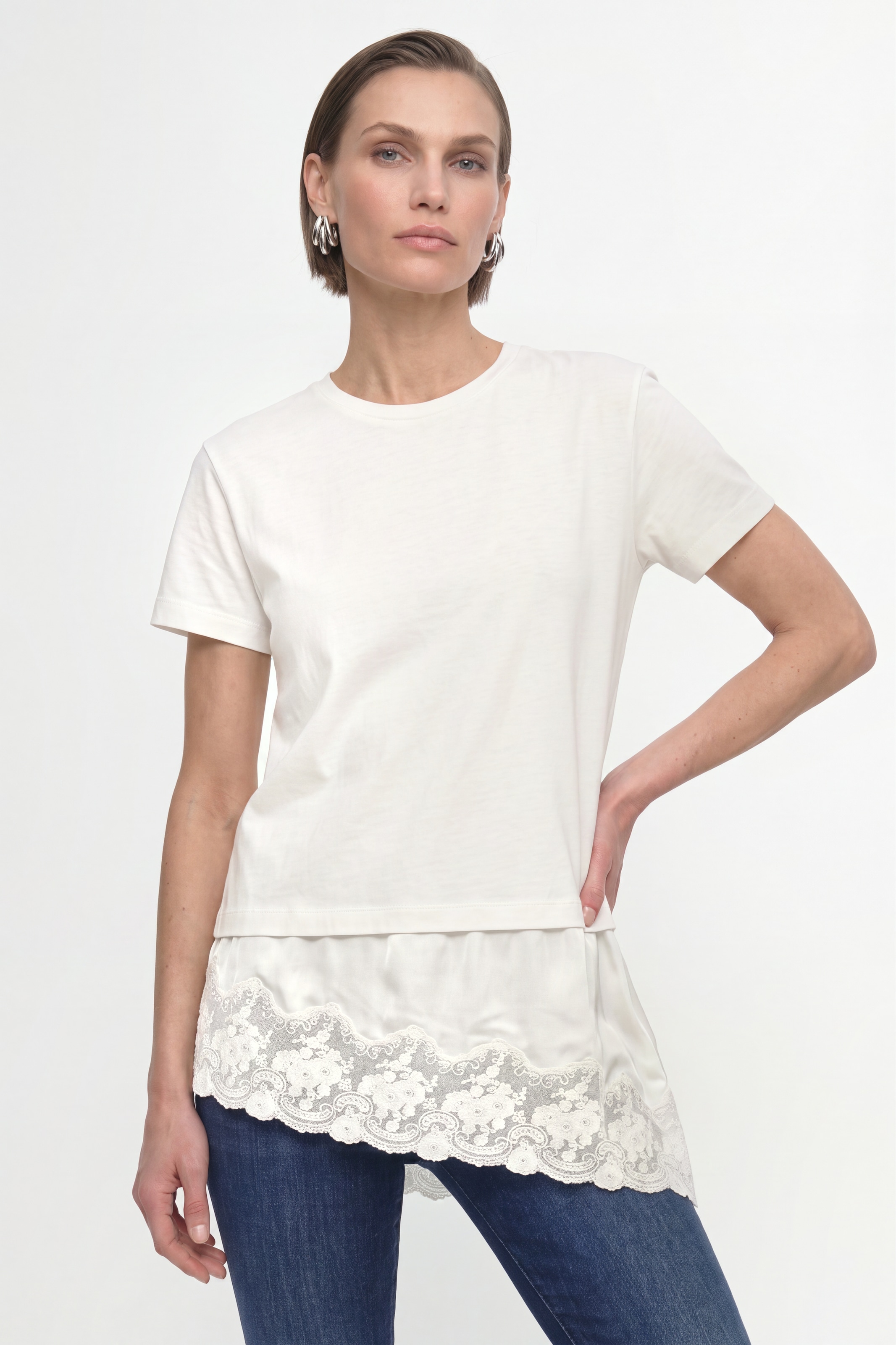 Image of RICHROYAL T-Shirt Floraler Spitzenbesatz am Saum, asymmetrisch