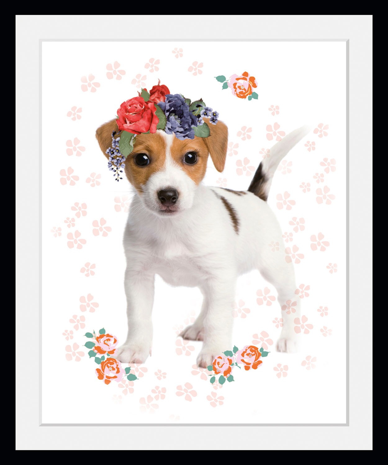 Image of queence Bild "Blumenhund" Blumen Haustiere Hunde Hundebilder 1 Stk. tlg. HD Premium Poster-Druck inkl. Holzrahmen