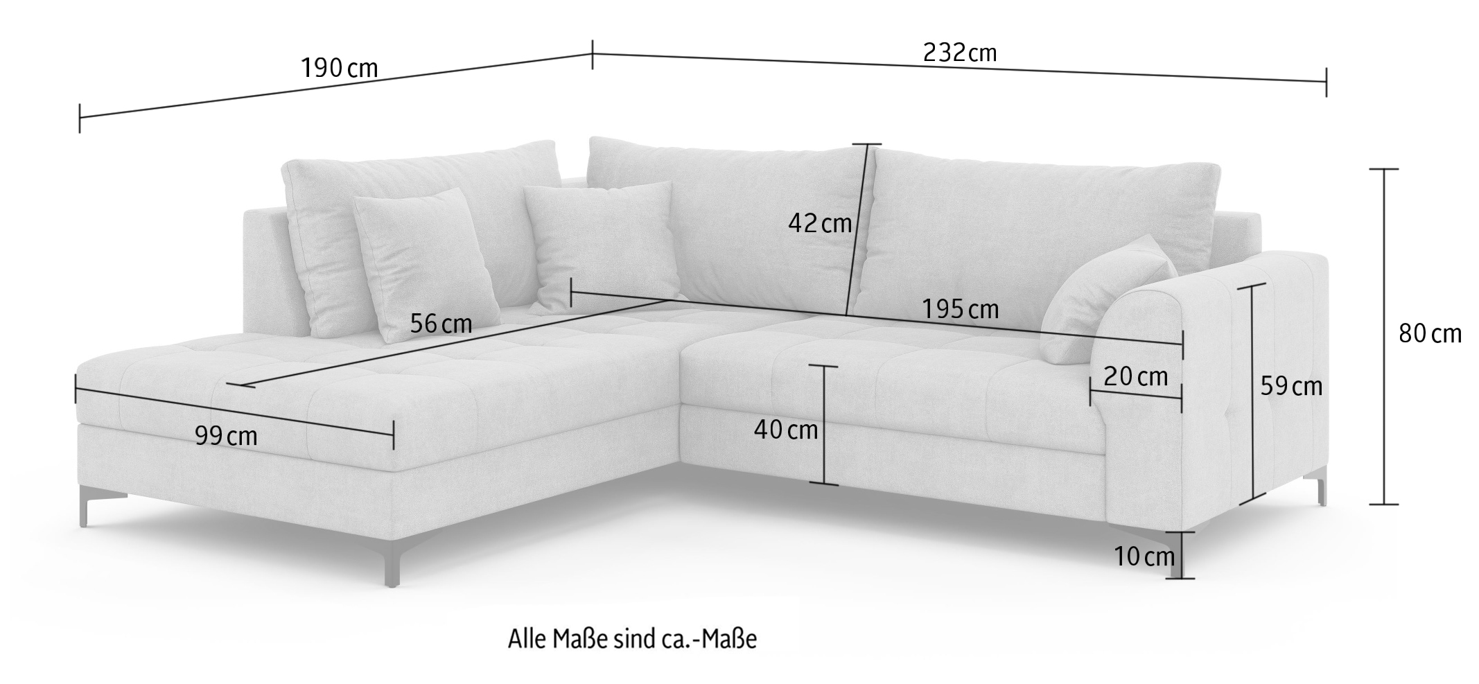 GOODproduct Ecksofa »LEEVKE Design-Sofa mit Ottomane rechts/links bestellbar, Breite 232 cm« in vielen modernen Farben erhältlich, belastbar bis 480 kg